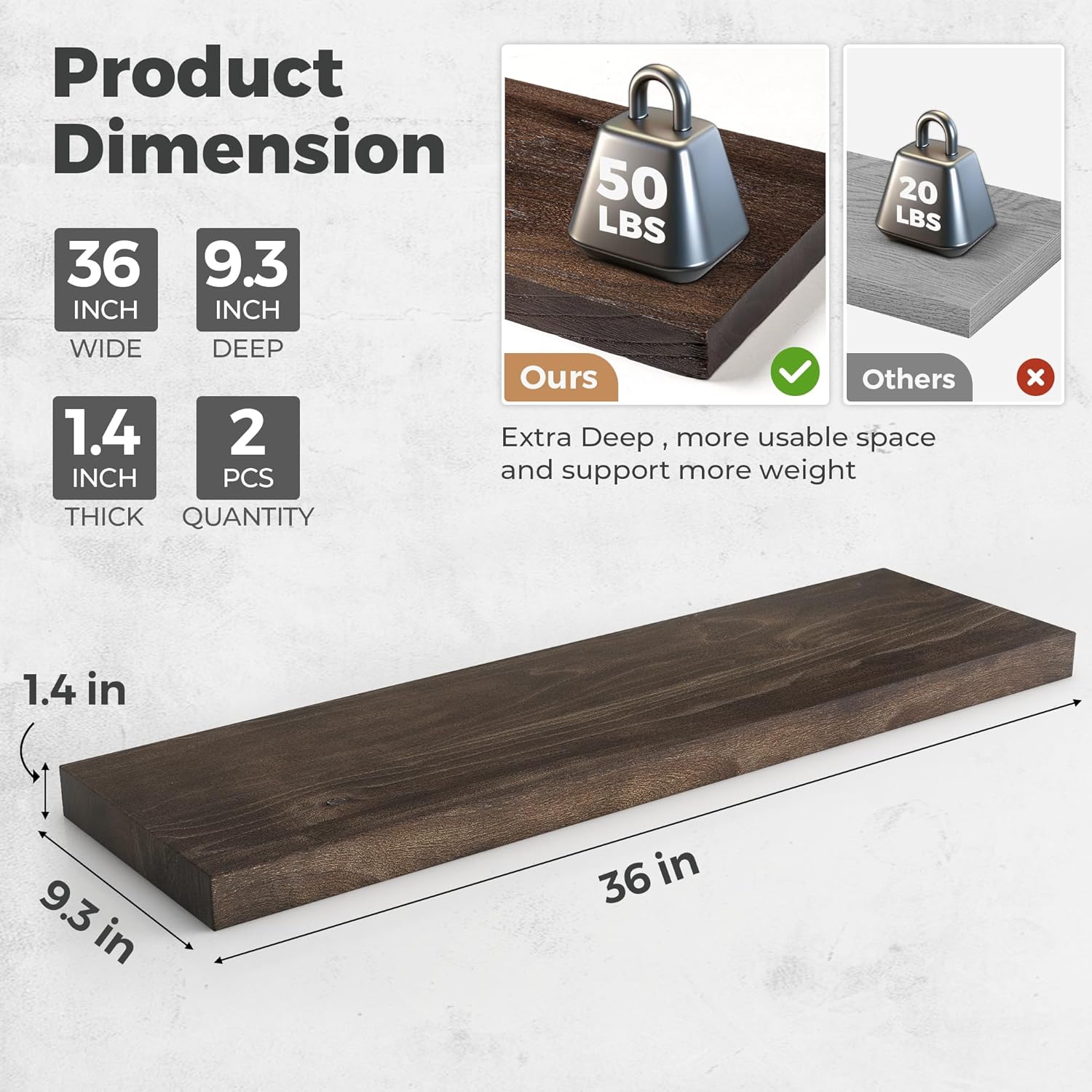 RICHFOCUS Elm Floating Shelves for Wall - Set of 2 Walnut