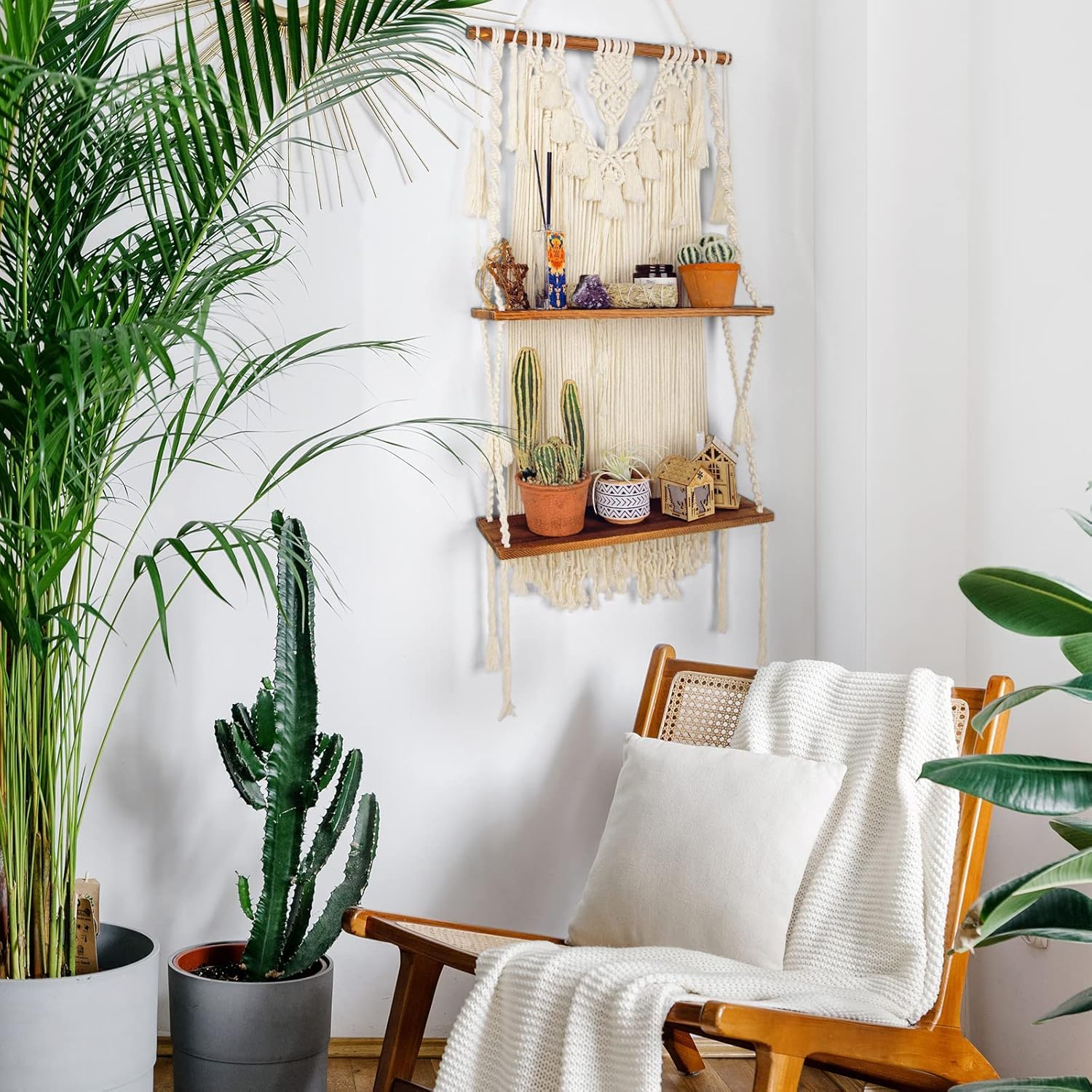 ANROYE 2 Tier Macrame Boho Wall Hanging Shelf