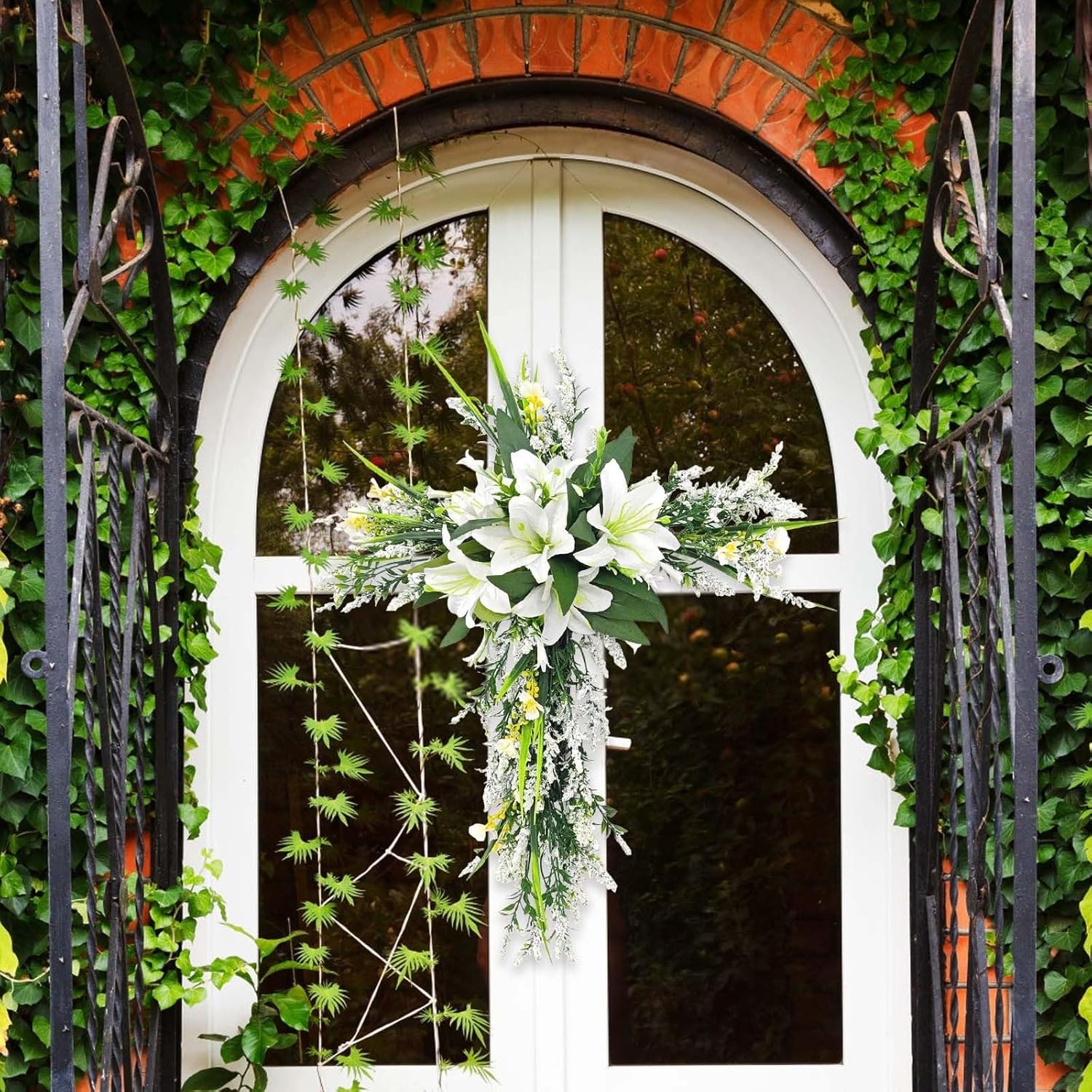 20 Inch Cross Shaped Artificial Lily Easter Wreath