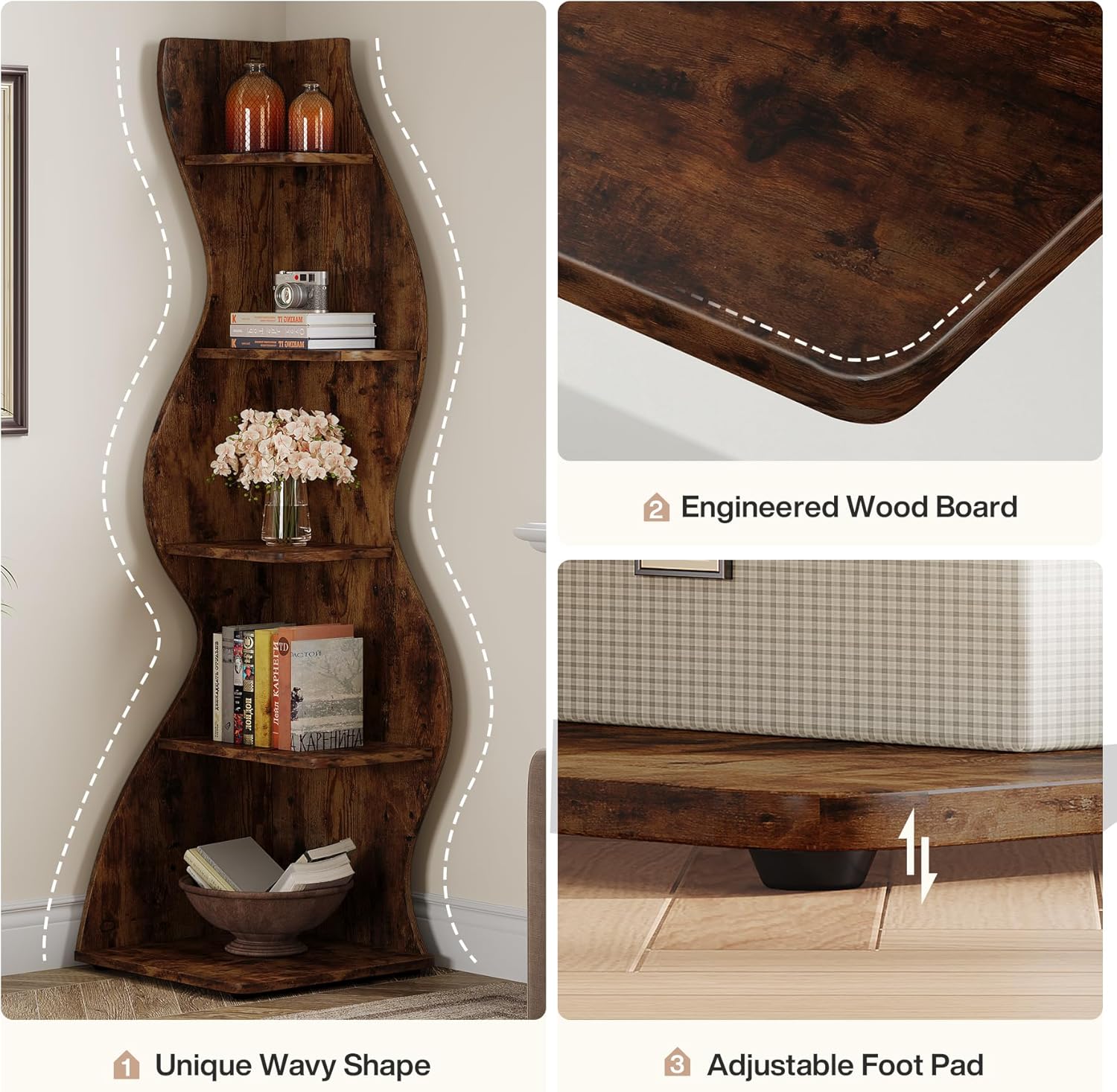 Tribesigns Wavy Corner Shelf 5-Tier Modern Bookcase