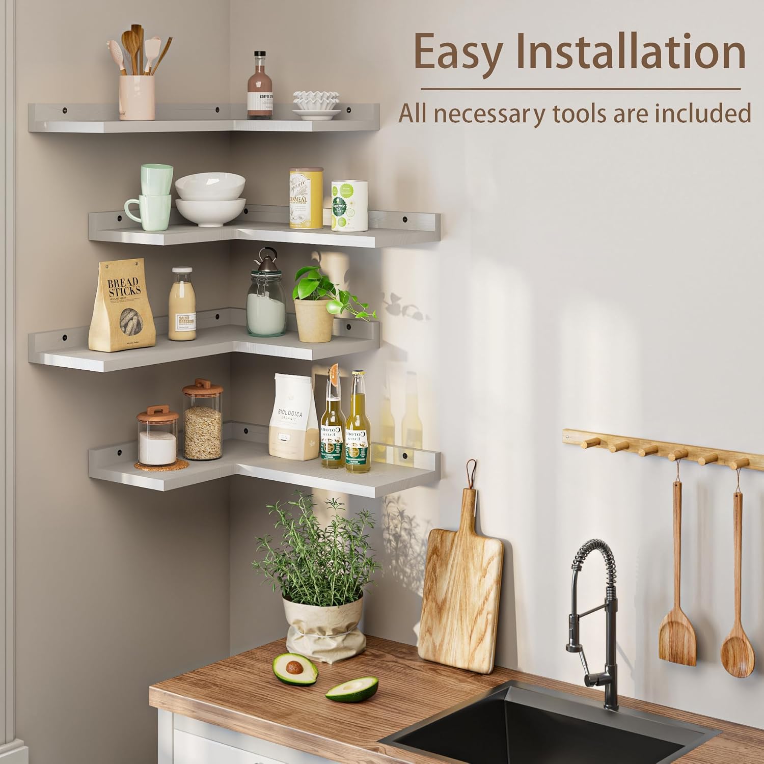 4 Tier Floating Corner Shelves Grey Set of 4