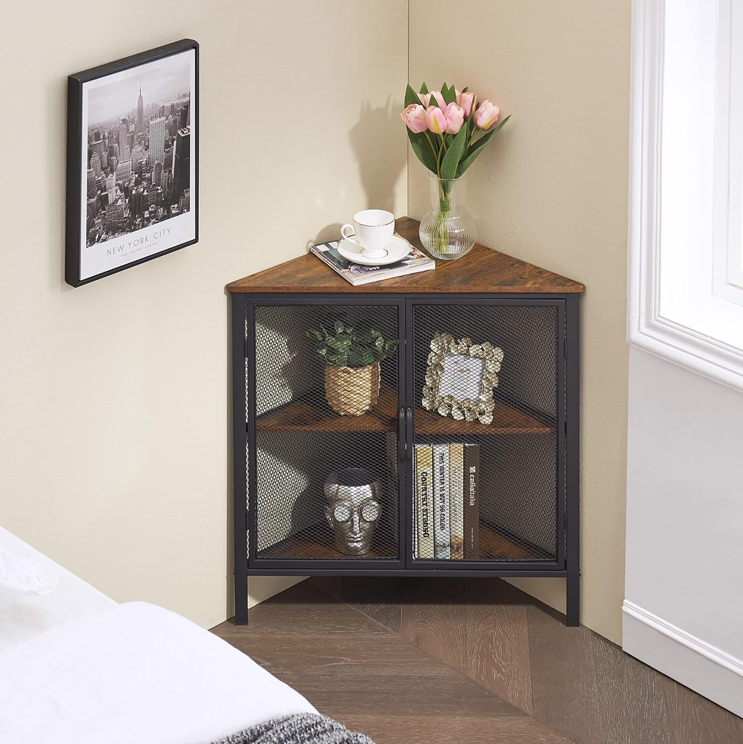 VECELO 3-Tier Corner Shelf Organizer Metal Frame Brown