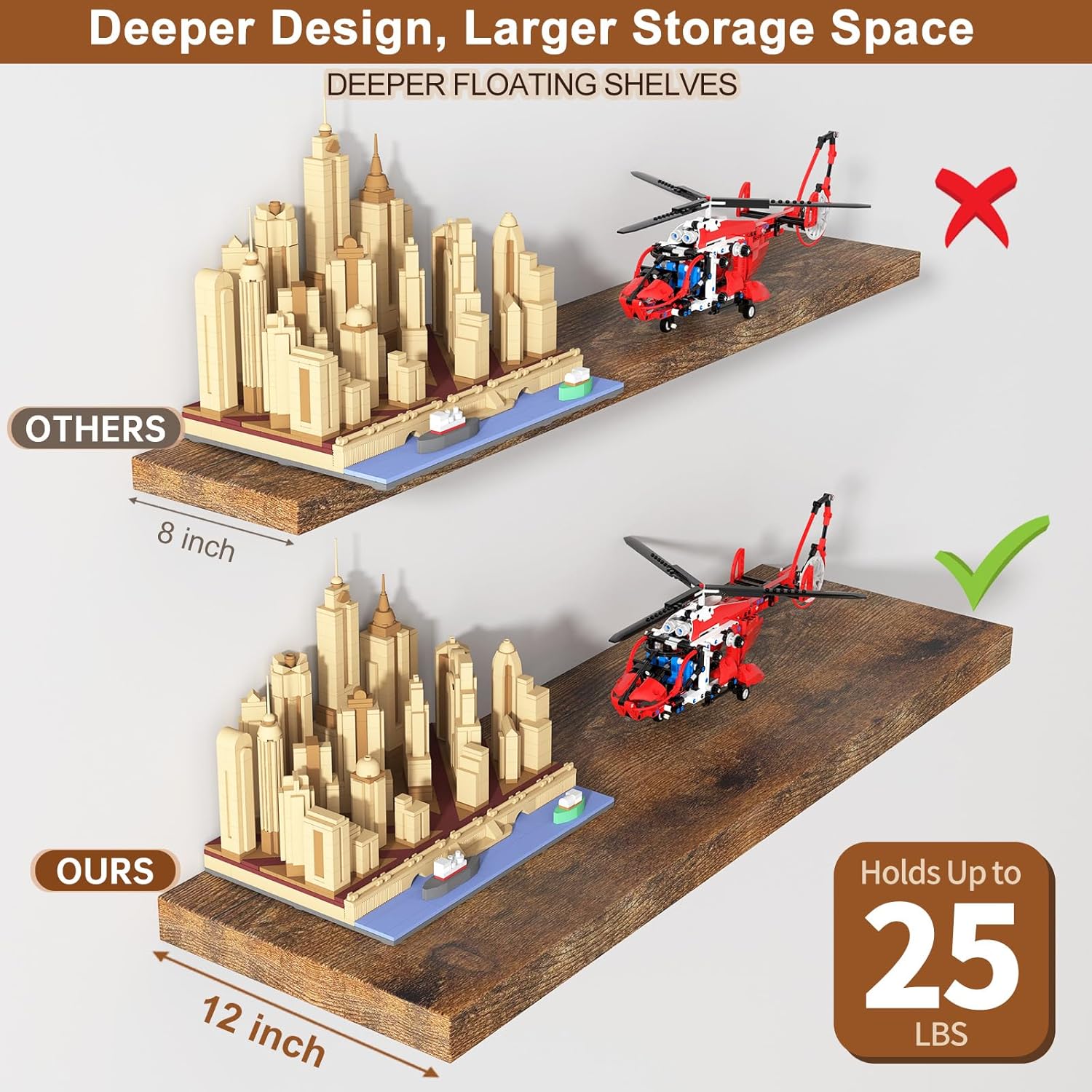 40 Inch Rustic Floating Shelf Large No Drilling
