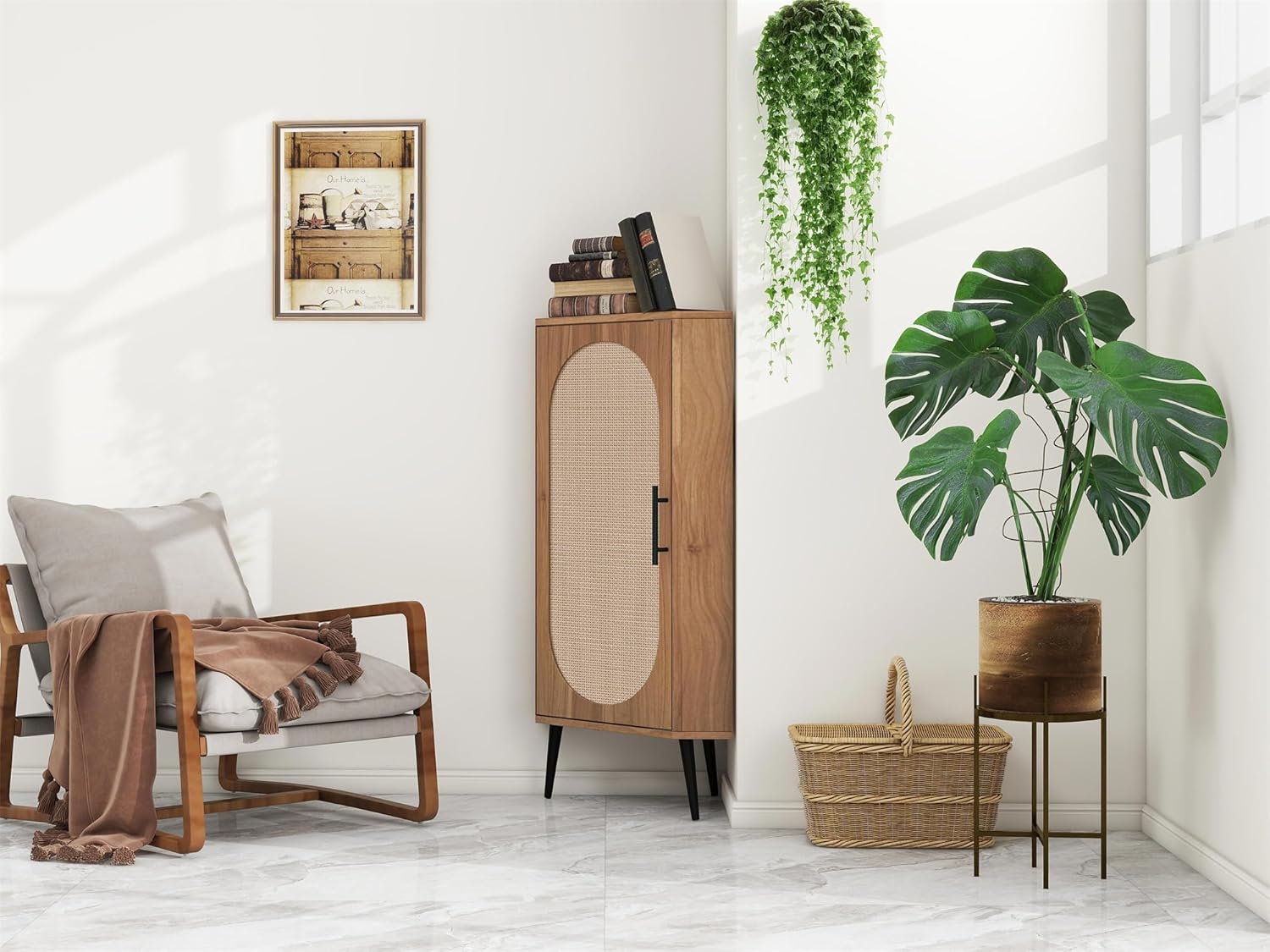 ZeHuoGe Corner Storage Cabinet with Rattan Door
