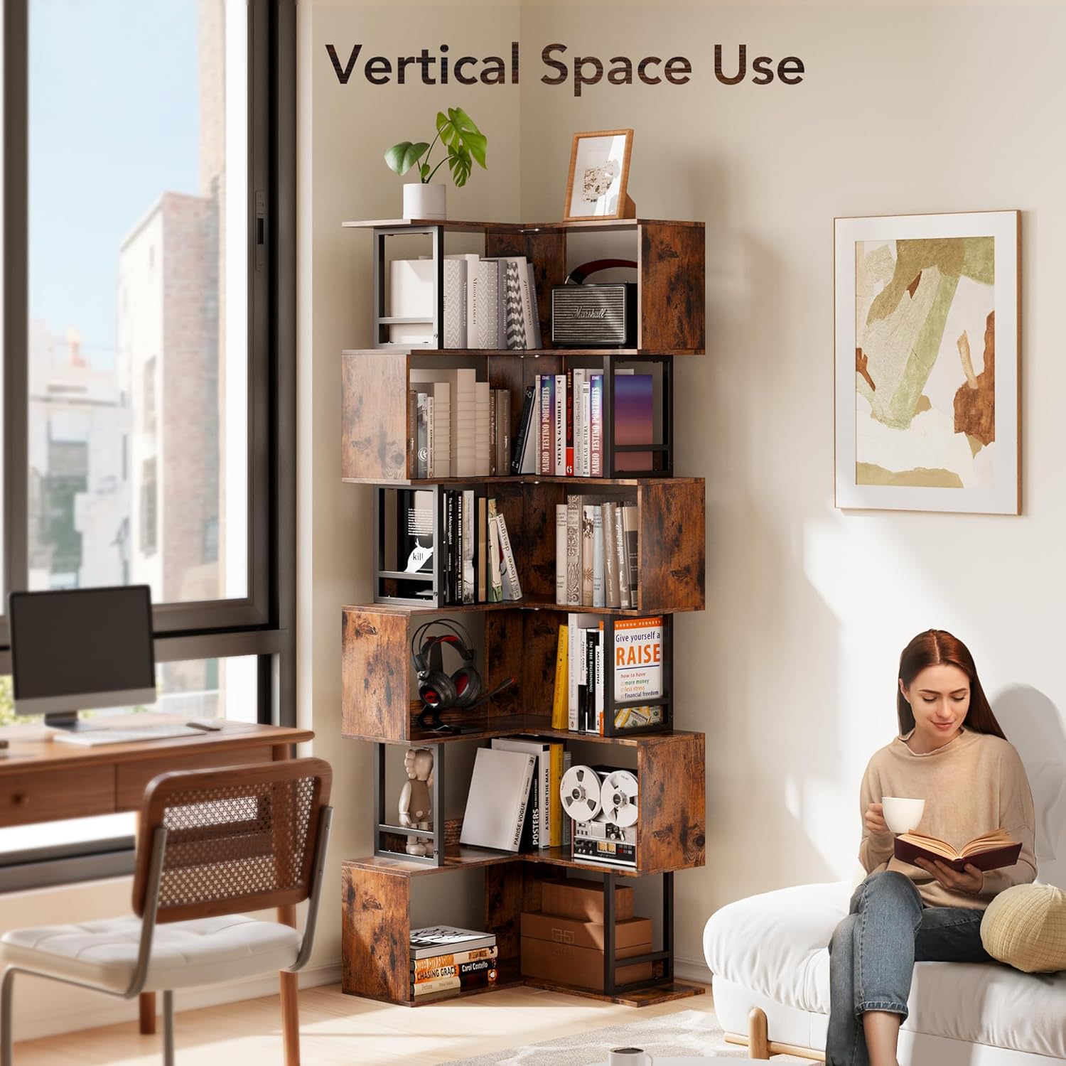 7 Tier Corner Bookshelf - Brown Industrial Style