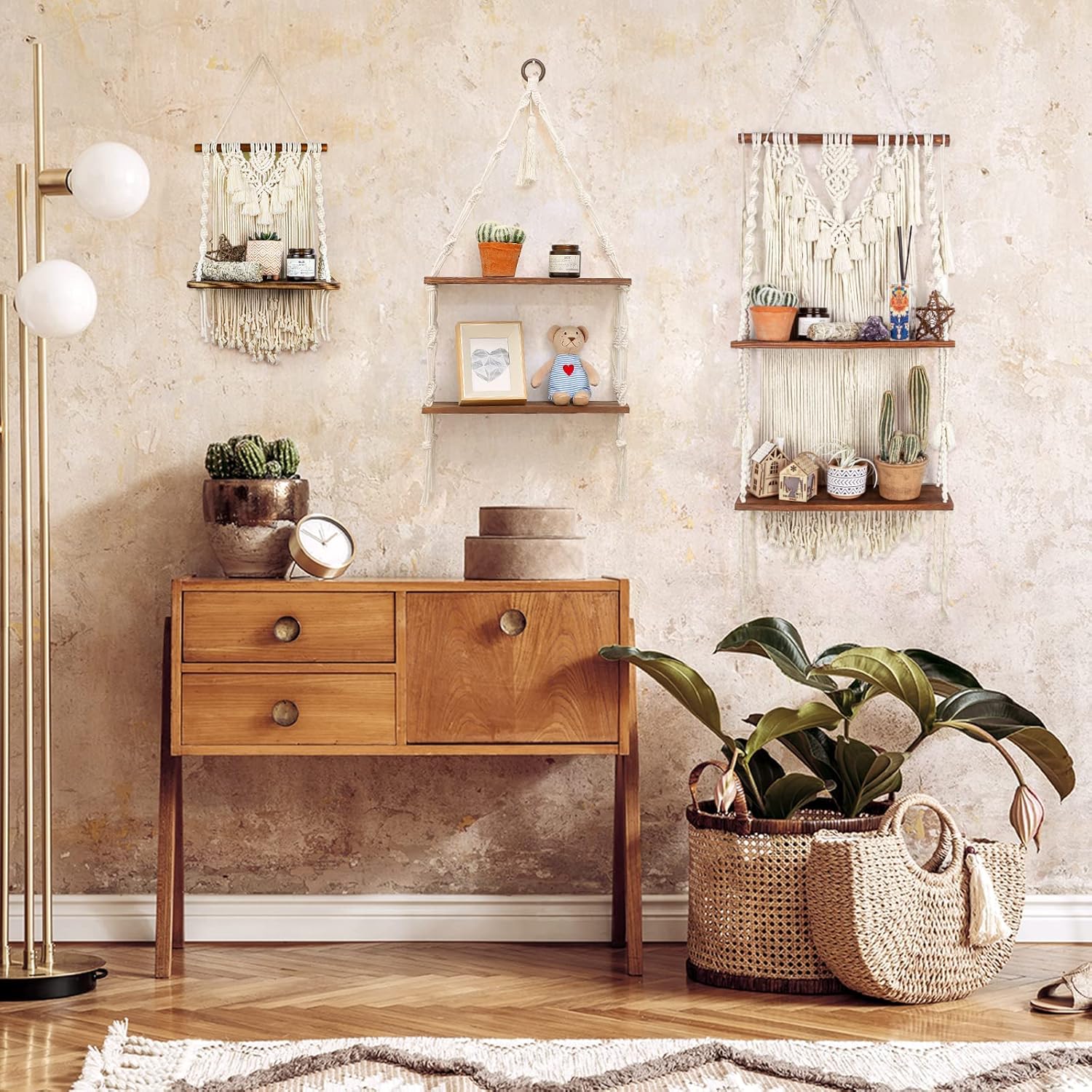 ANROYE 2 Tier Macrame Boho Wall Hanging Shelf