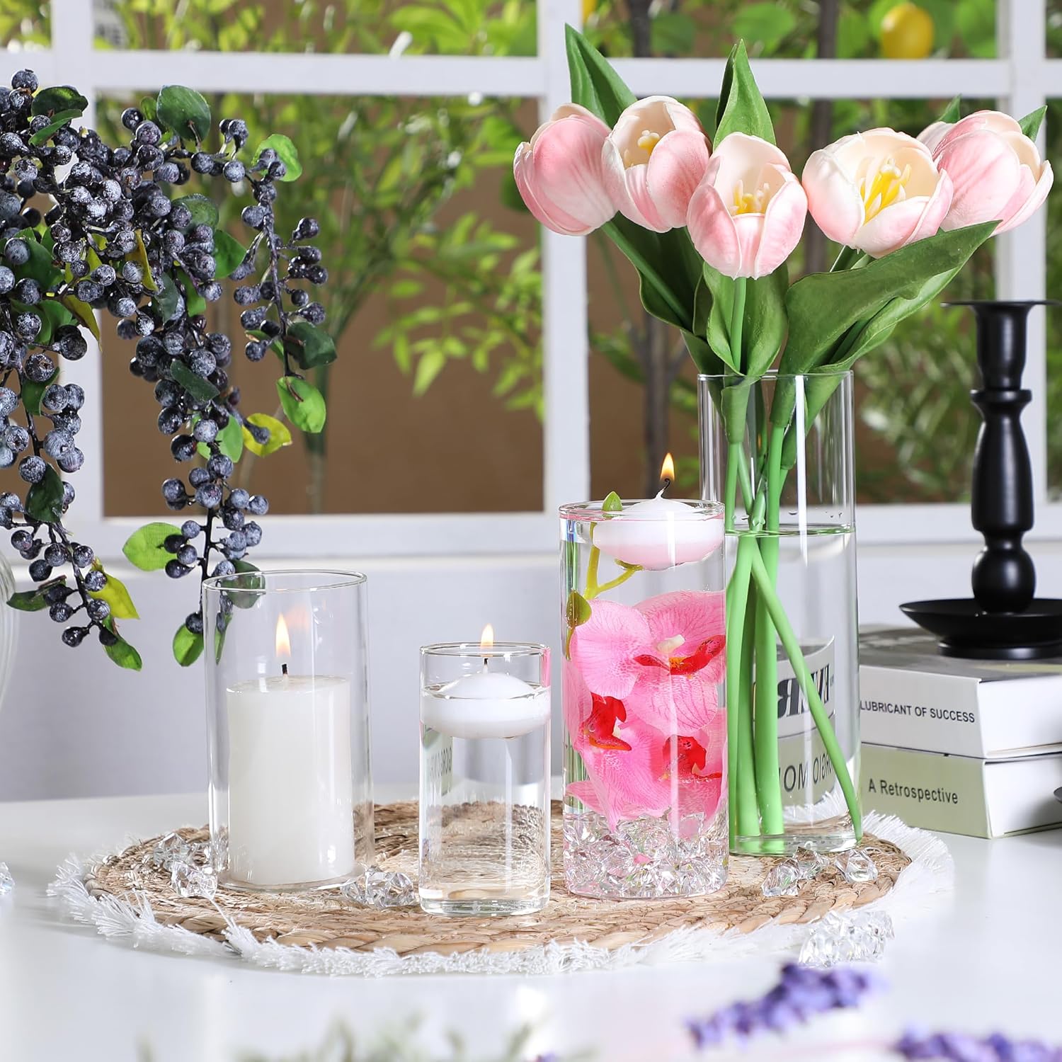 20 White Floating Candles 16 Glass Vases 400 Acrylic Ice Fillers Centerpiece Set