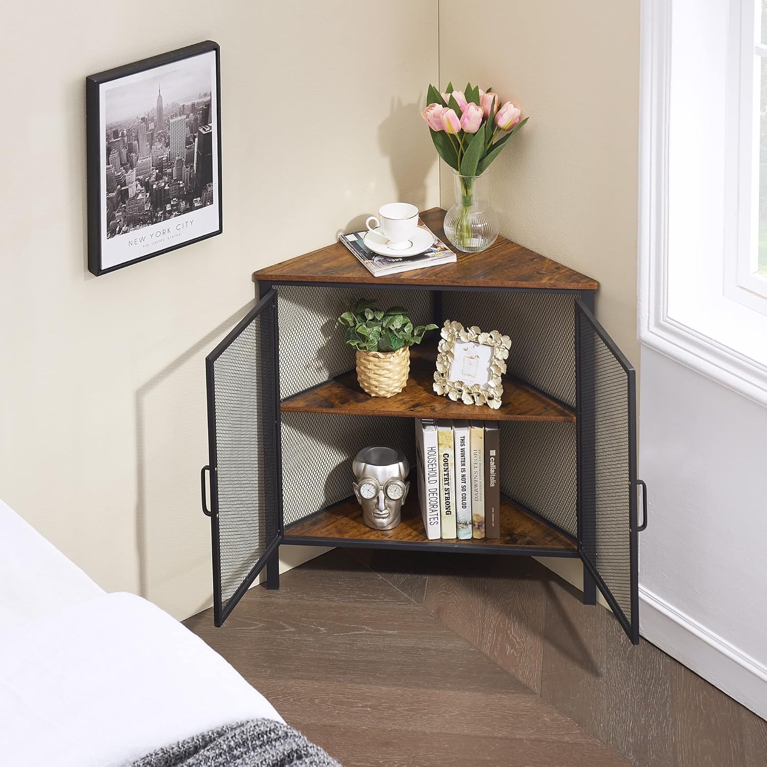 VECELO 3-Tier Corner Shelf Organizer Metal Frame Brown