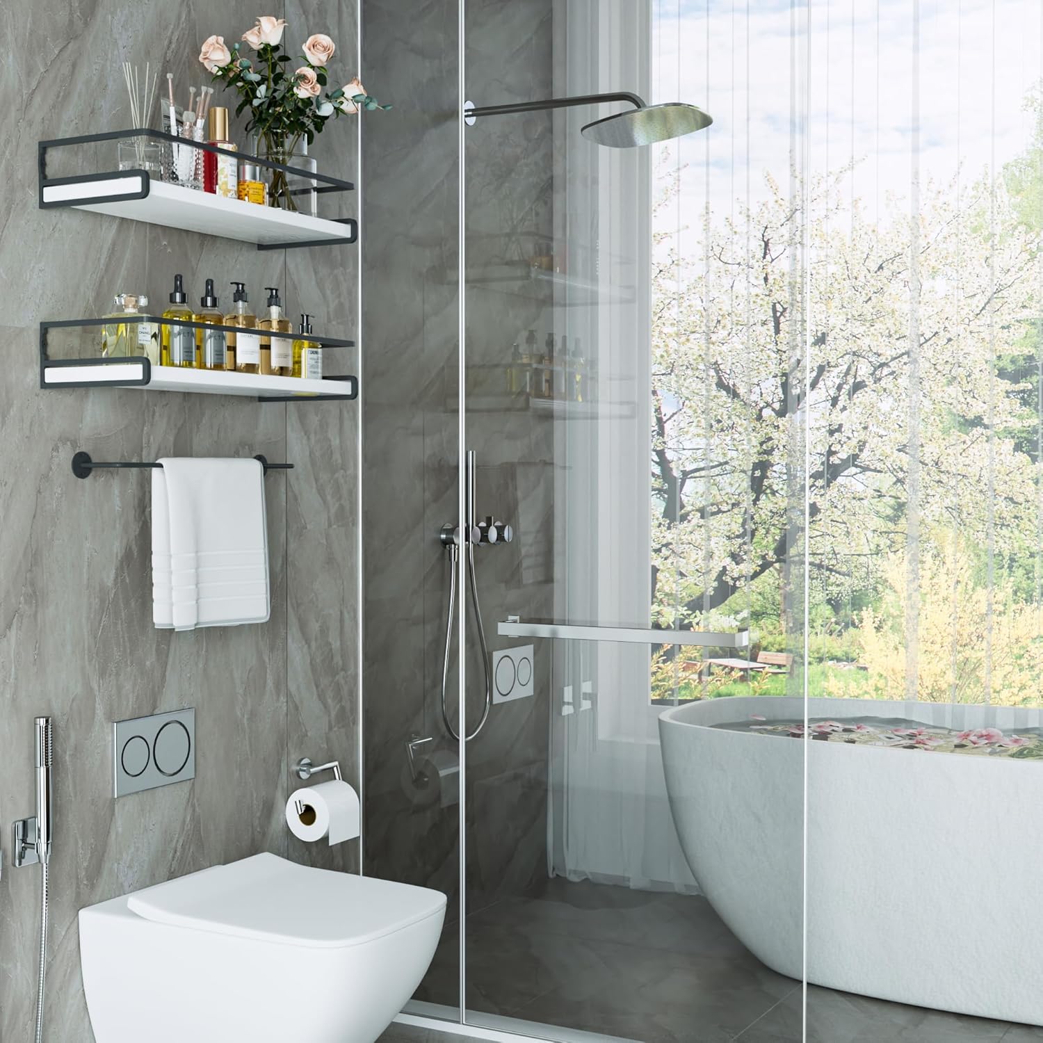 CeleVista Floating Shelves 4 Pack Bathroom Shelf with Towel Bar