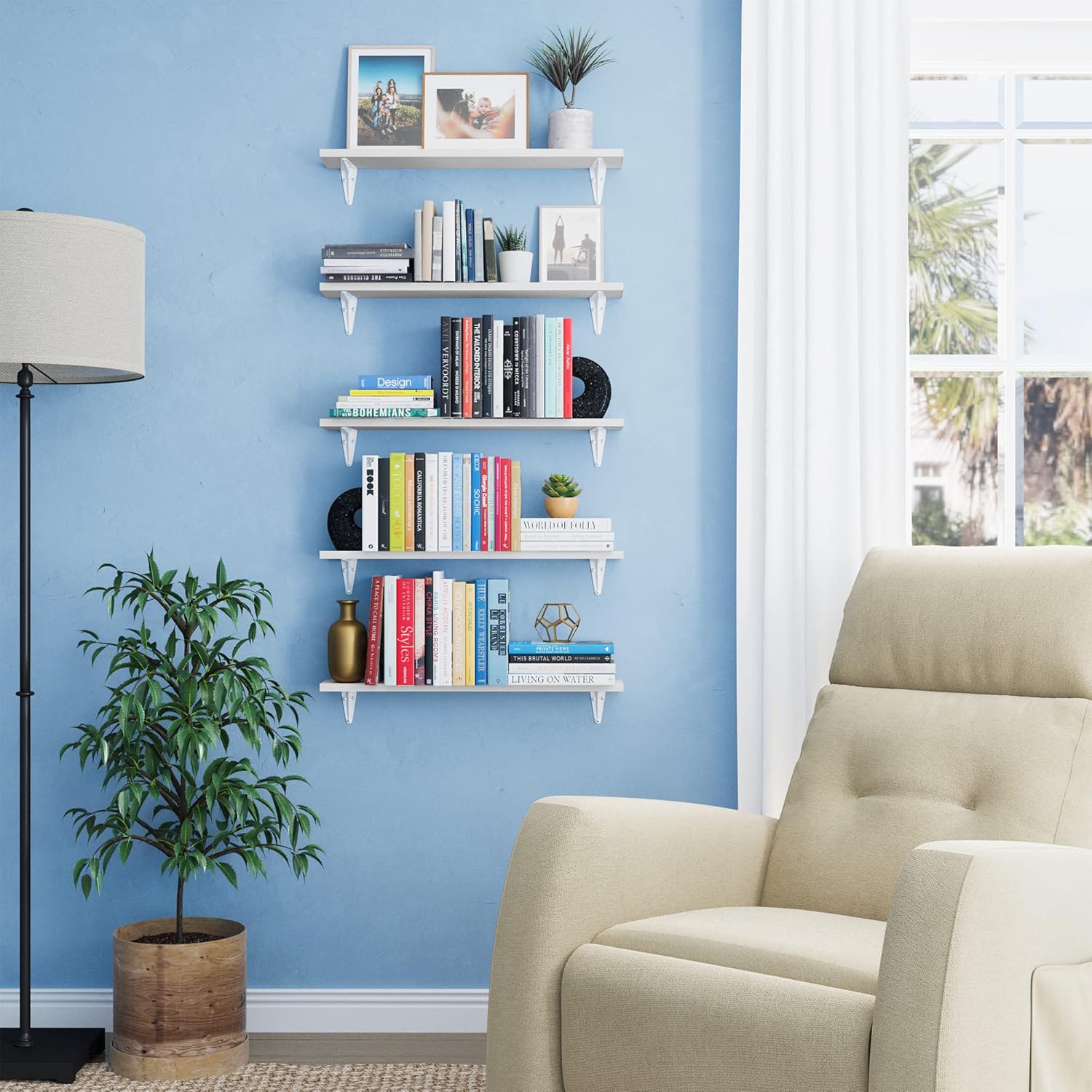 Wallniture Arras 24 Inch White Floating Shelves Set of 5