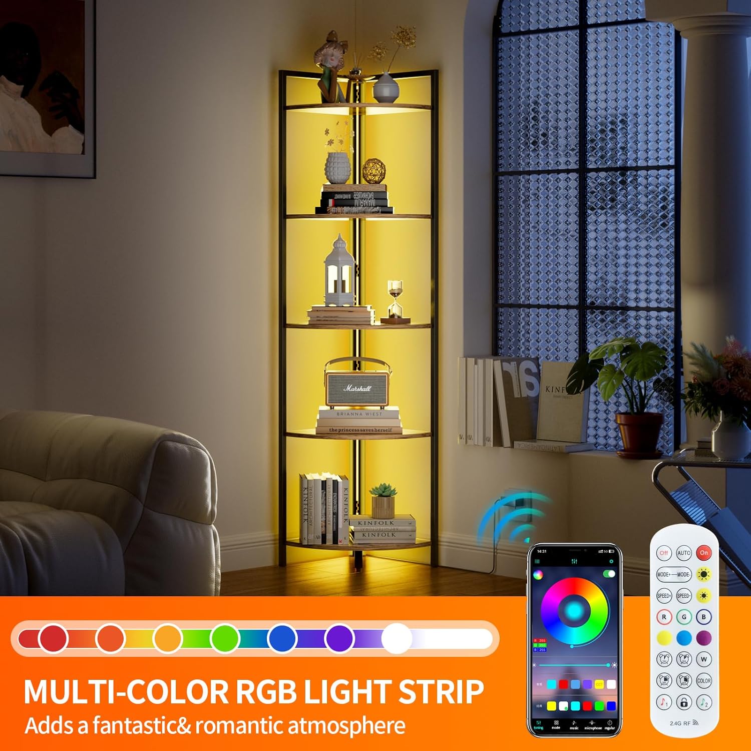Gemfurque Rustic Brown 5 Tier Corner Shelf with LED Light