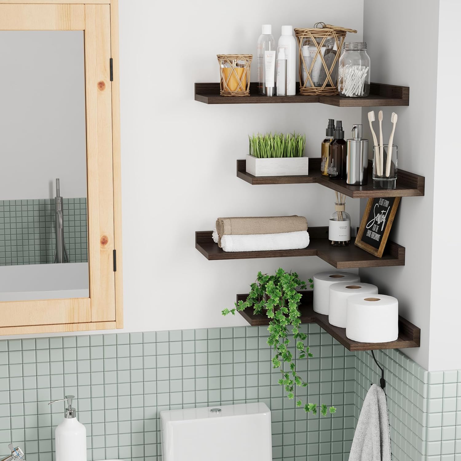 4 Tier Floating Corner Shelves - Rustic Walnut Wall Mount