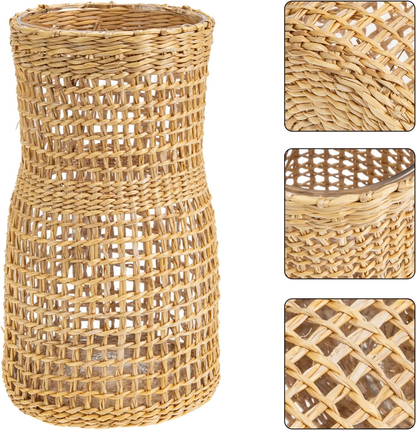 PRETYZOOM Rattan Woven Glass Flower Vase for Home Decor