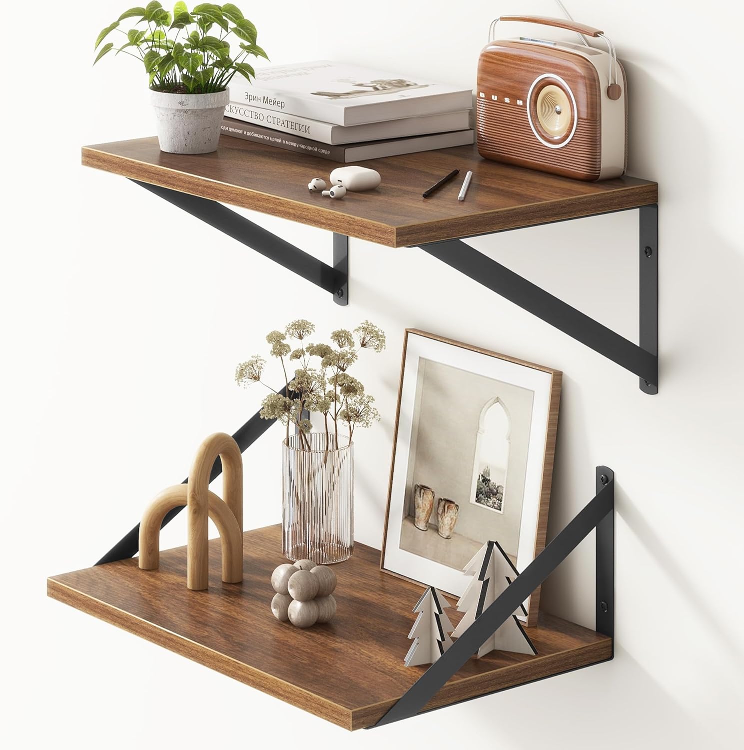 Fun Memories 2 Piece 16x10 Inch Walnut Floating Shelves Set