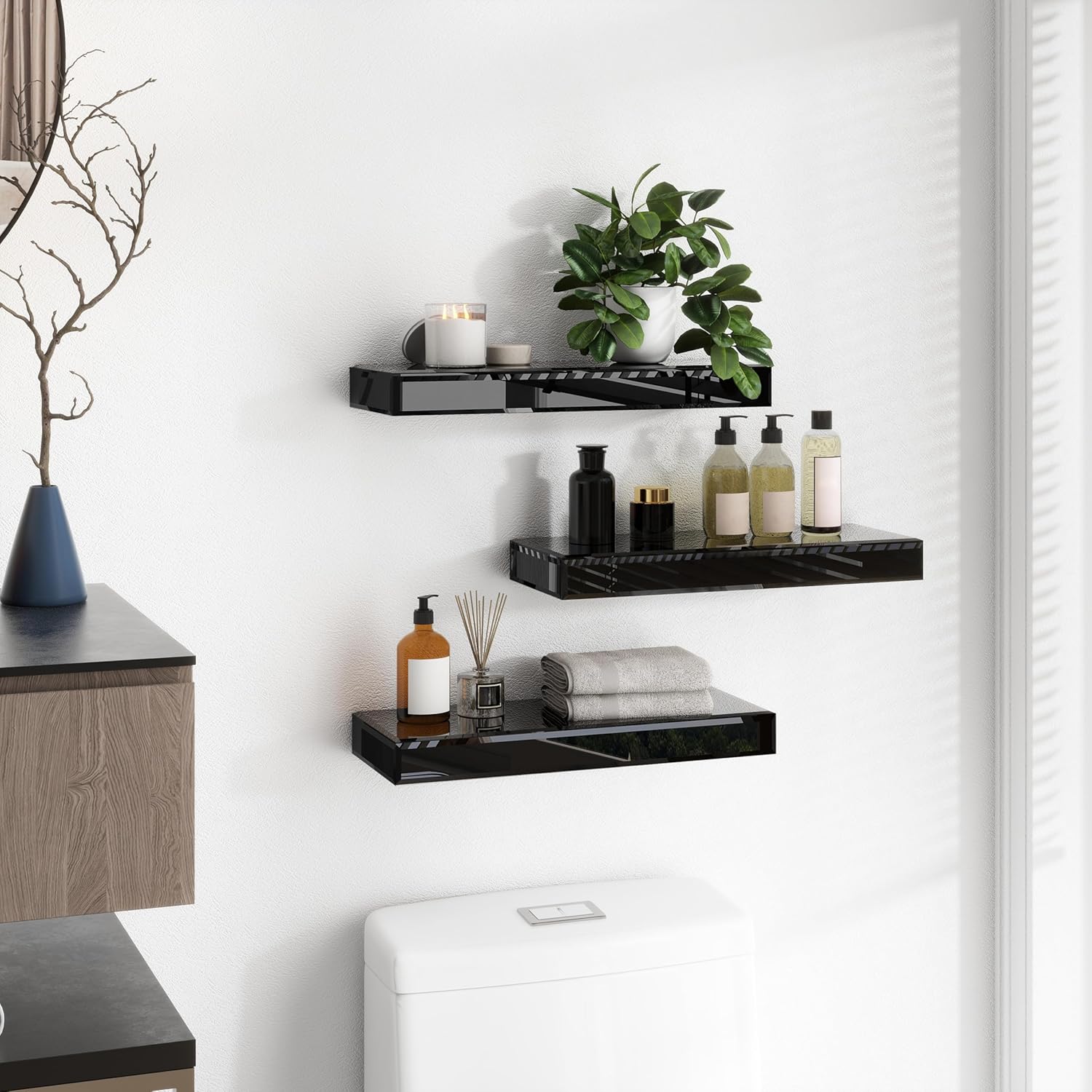 SHYFOY Black Glass Floating Shelves Set of 3