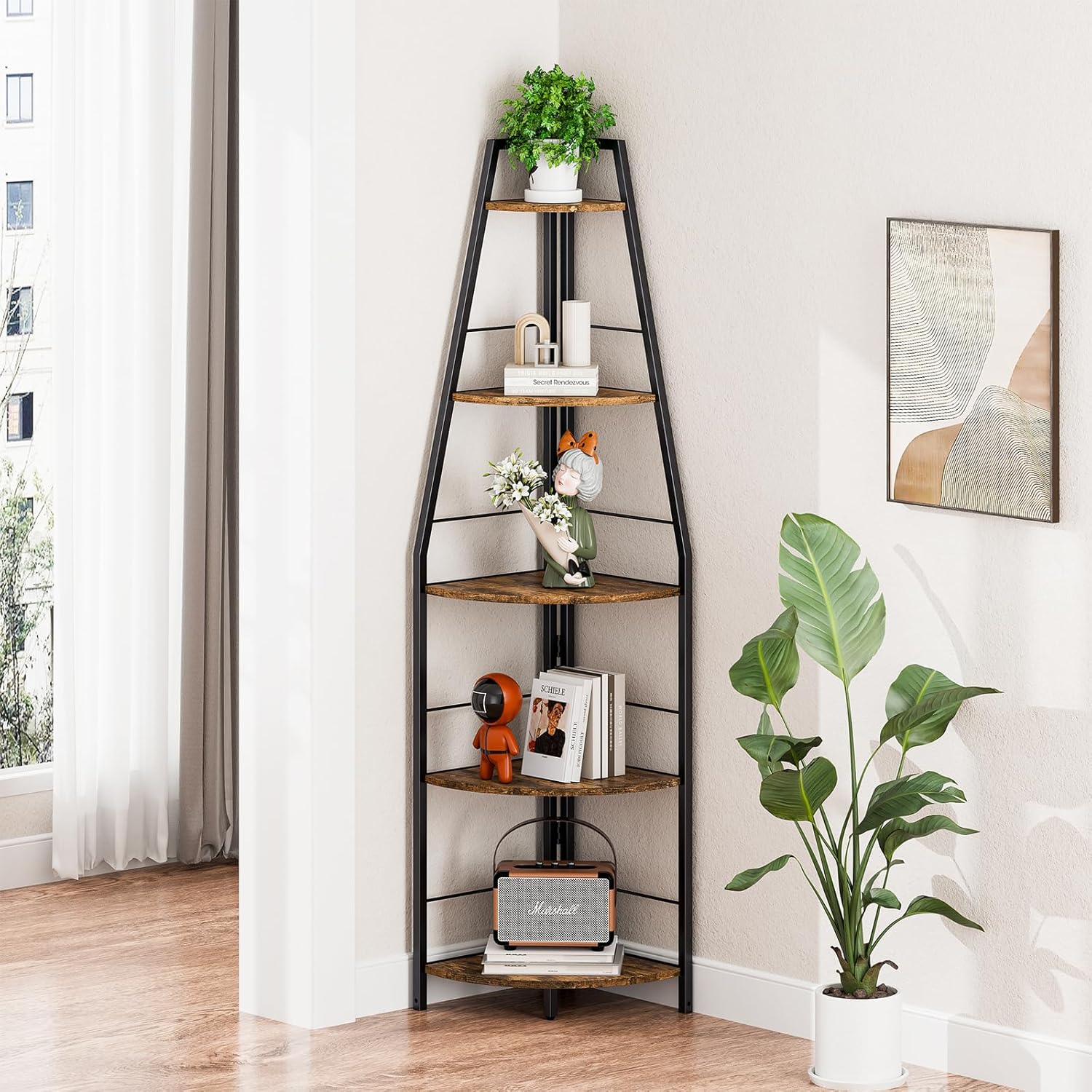 Rustic Brown 5 Tier Corner Ladder Shelf Stand