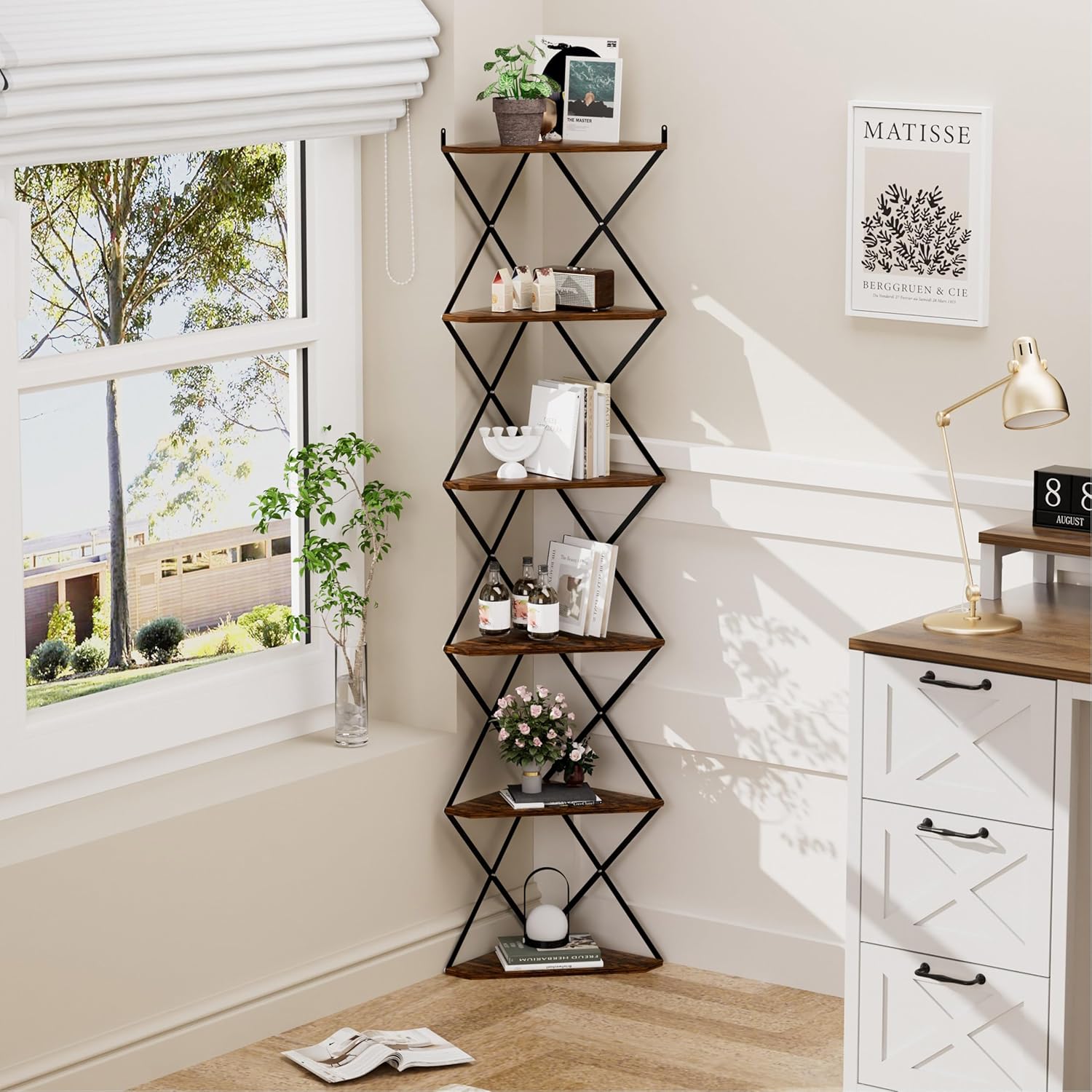 6 Tier Wall Mounted Corner Shelf Stand Industrial Rustic Brown
