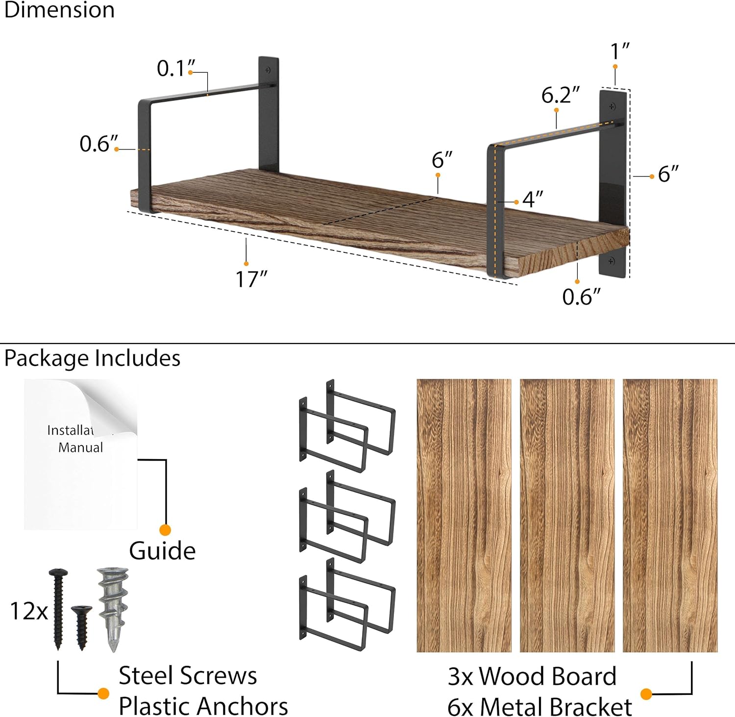 Wallniture Toledo Floating Shelves Set of 3 Burned Finish Rustic Wood