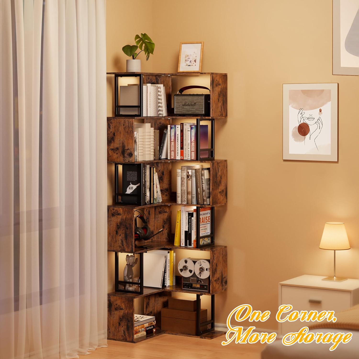 7 Tier Corner Bookshelf - Brown Industrial Style