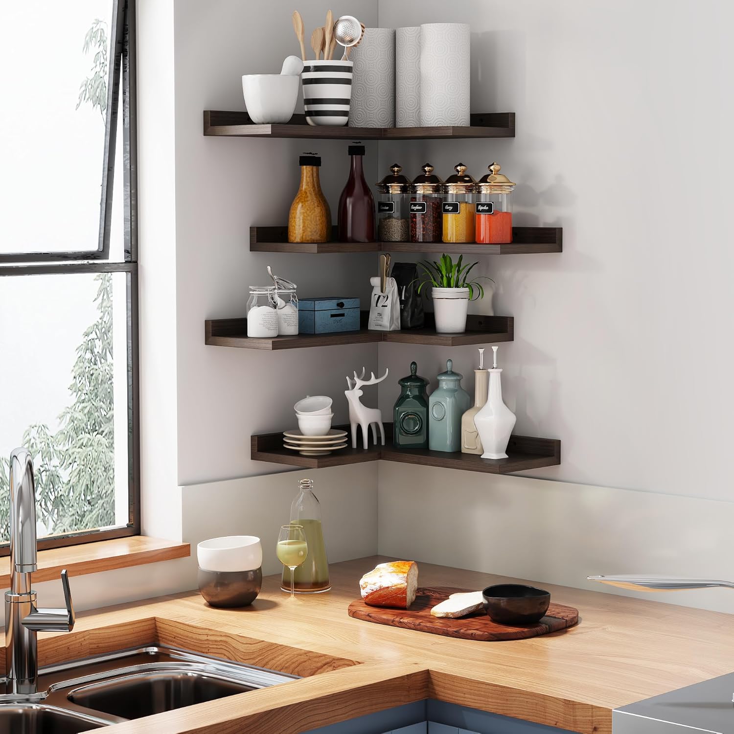 4 Tier Floating Corner Shelves - Rustic Walnut Wall Mount