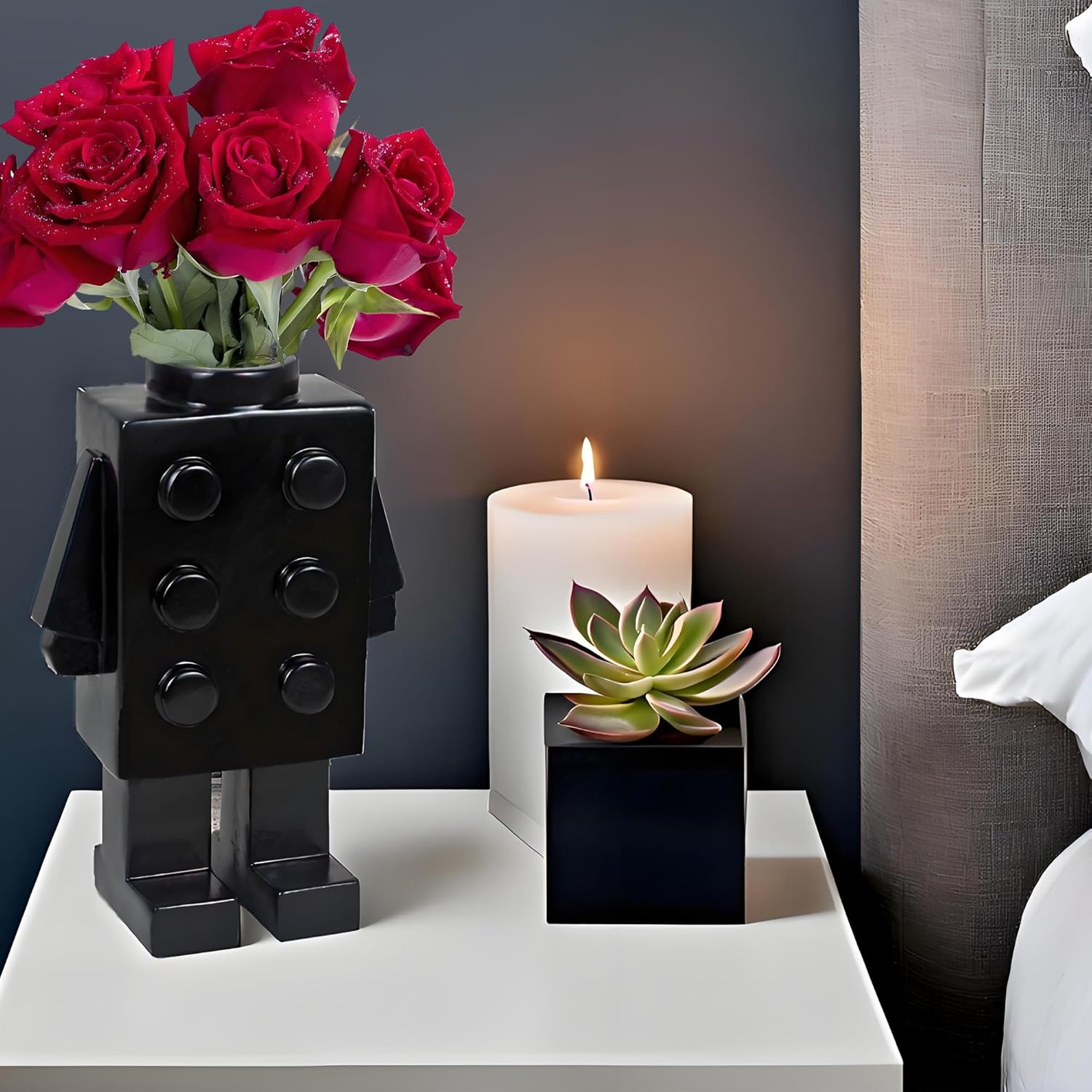 Cute Resin Building Block Vase Black Unique Decor
