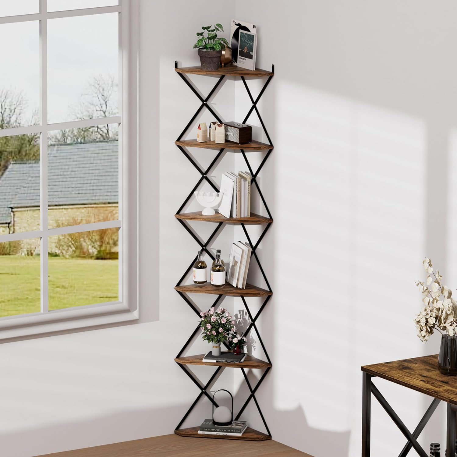 6 Tier Wall Mounted Corner Shelf Stand Industrial Rustic Brown