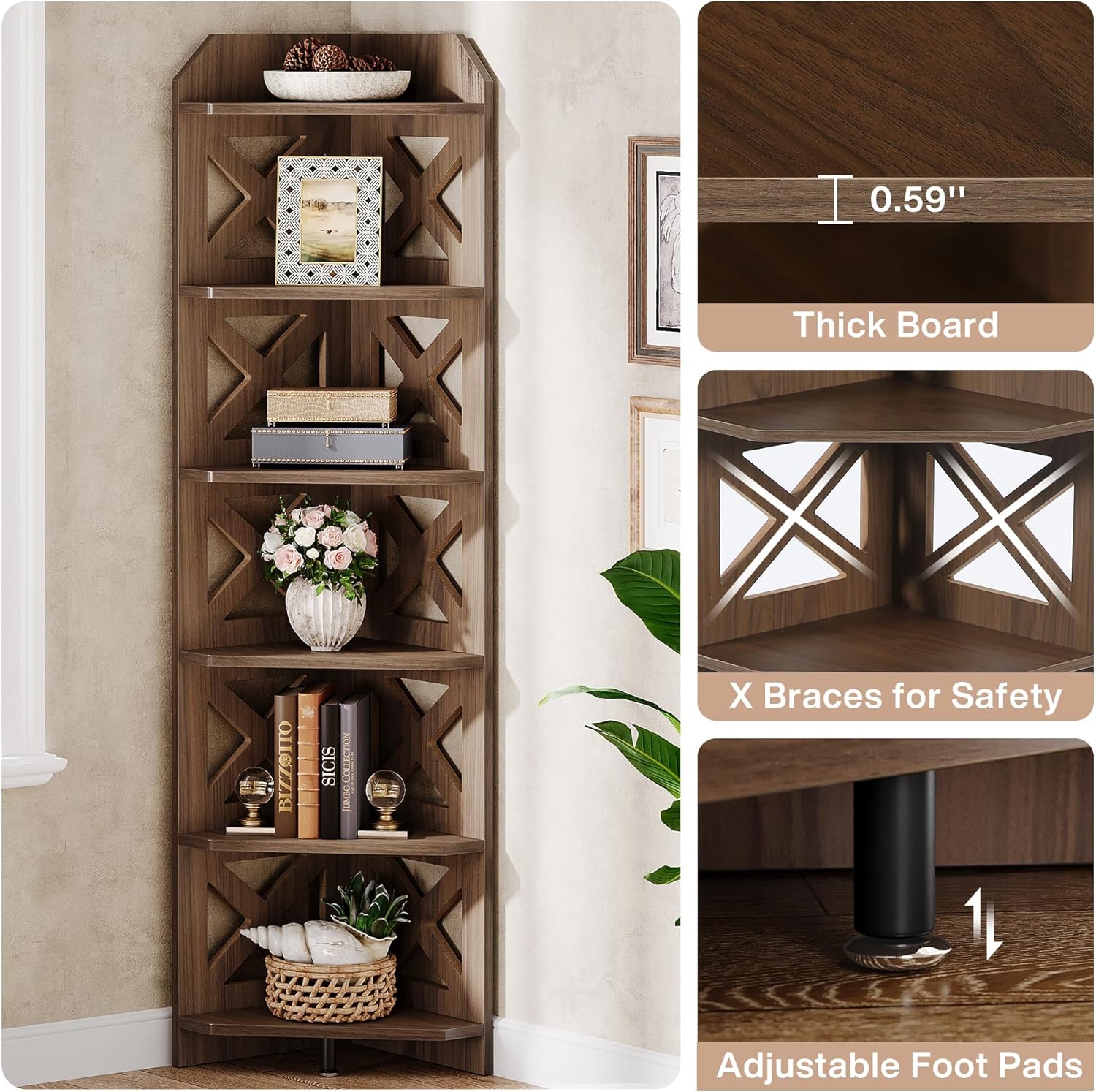 Tribesigns 708 Inch Corner Shelf 6 Tier Rustic Bookcase