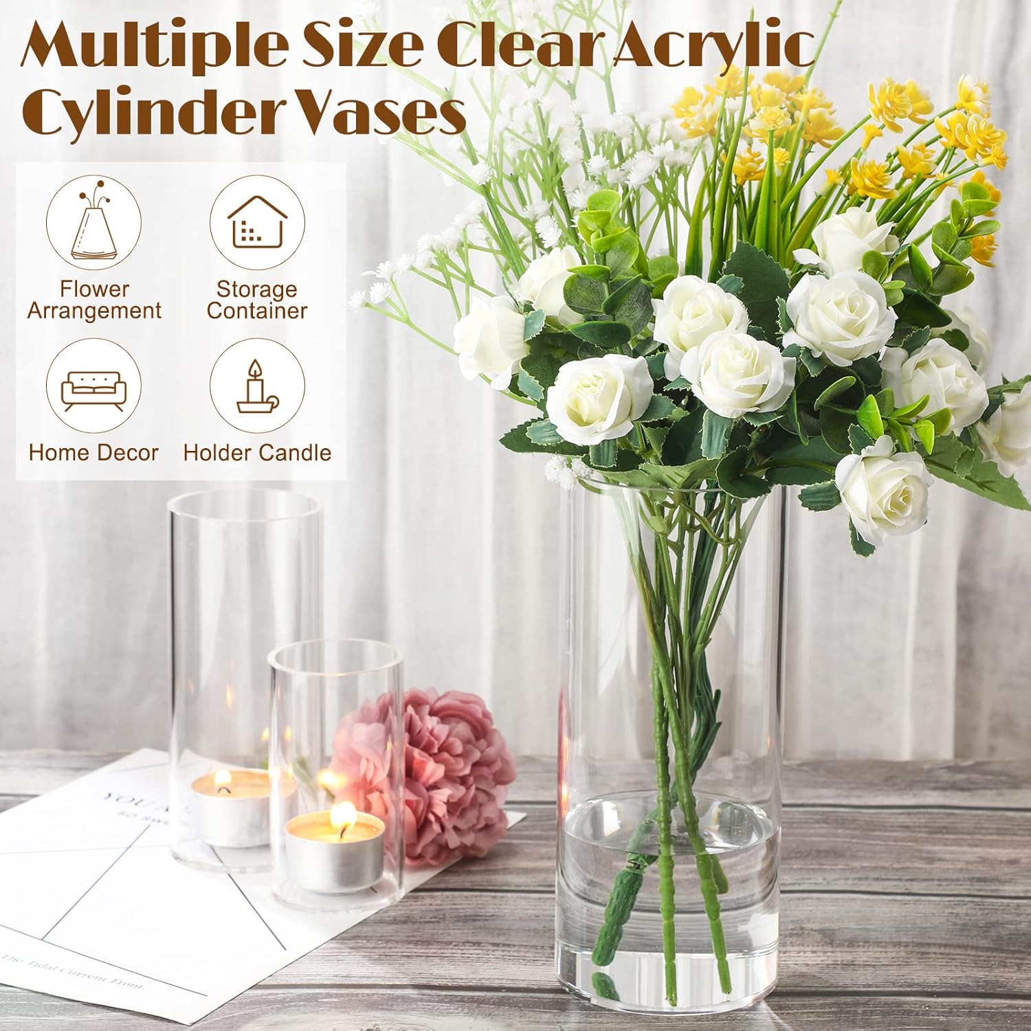 Eaasty 4 Pcs Acrylic Cylinder Flower Vases for Centerpieces