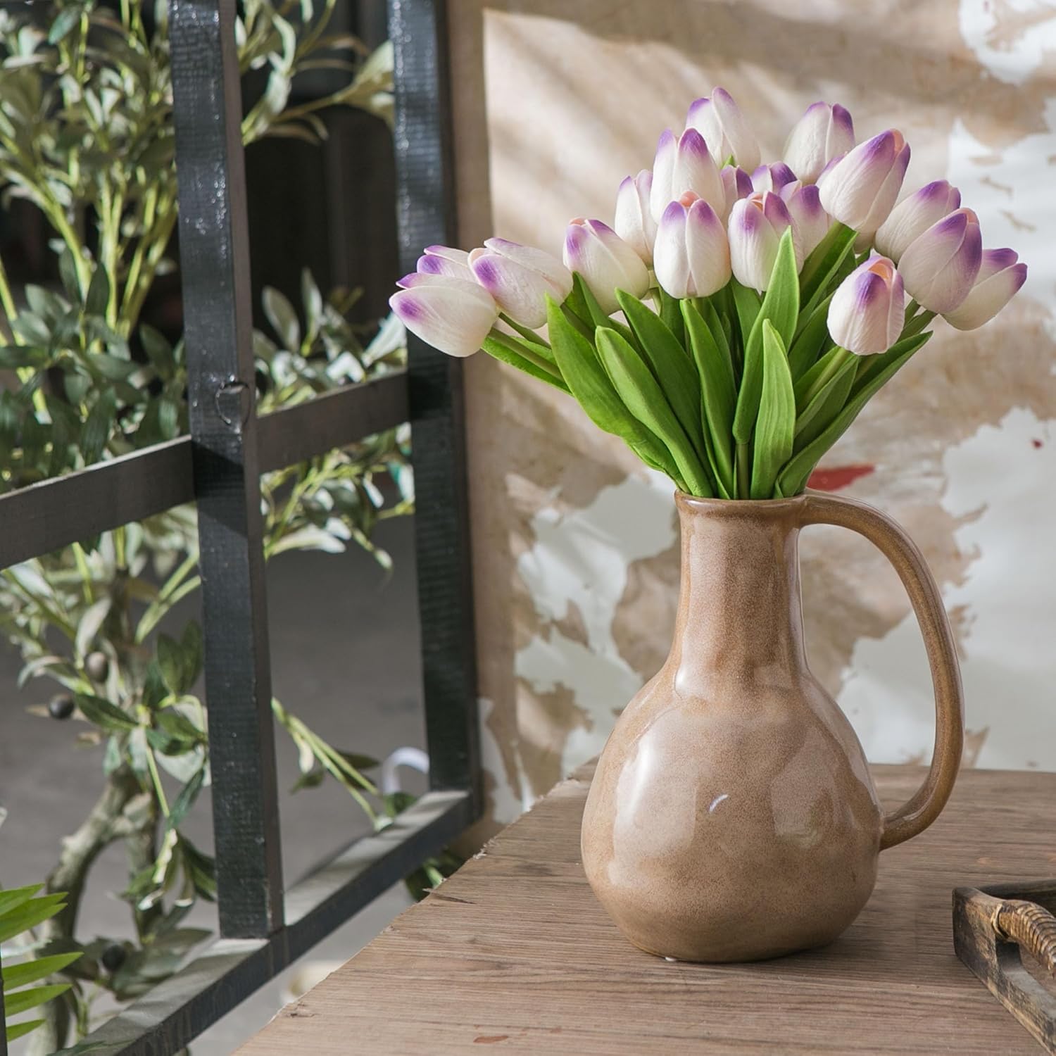 Brown Ceramic Vase with Big Handle for Farmhouse Decor