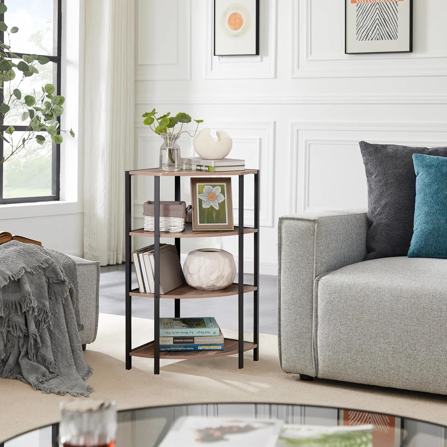 JOIN IRON 4-Tier Corner Bookshelf Stand Modern Industrial Design