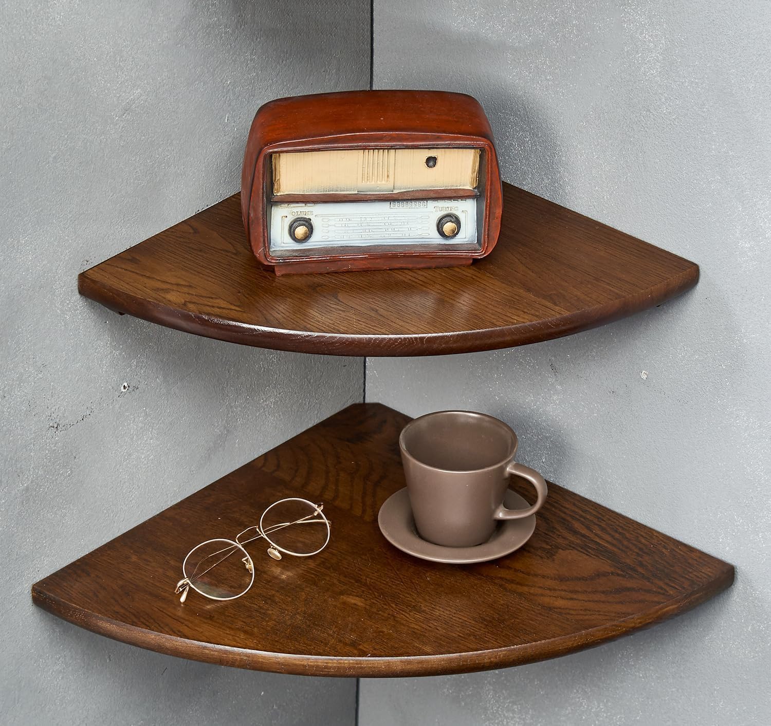 Set of 2 Floating Corner Shelves in Solid Oak Wood