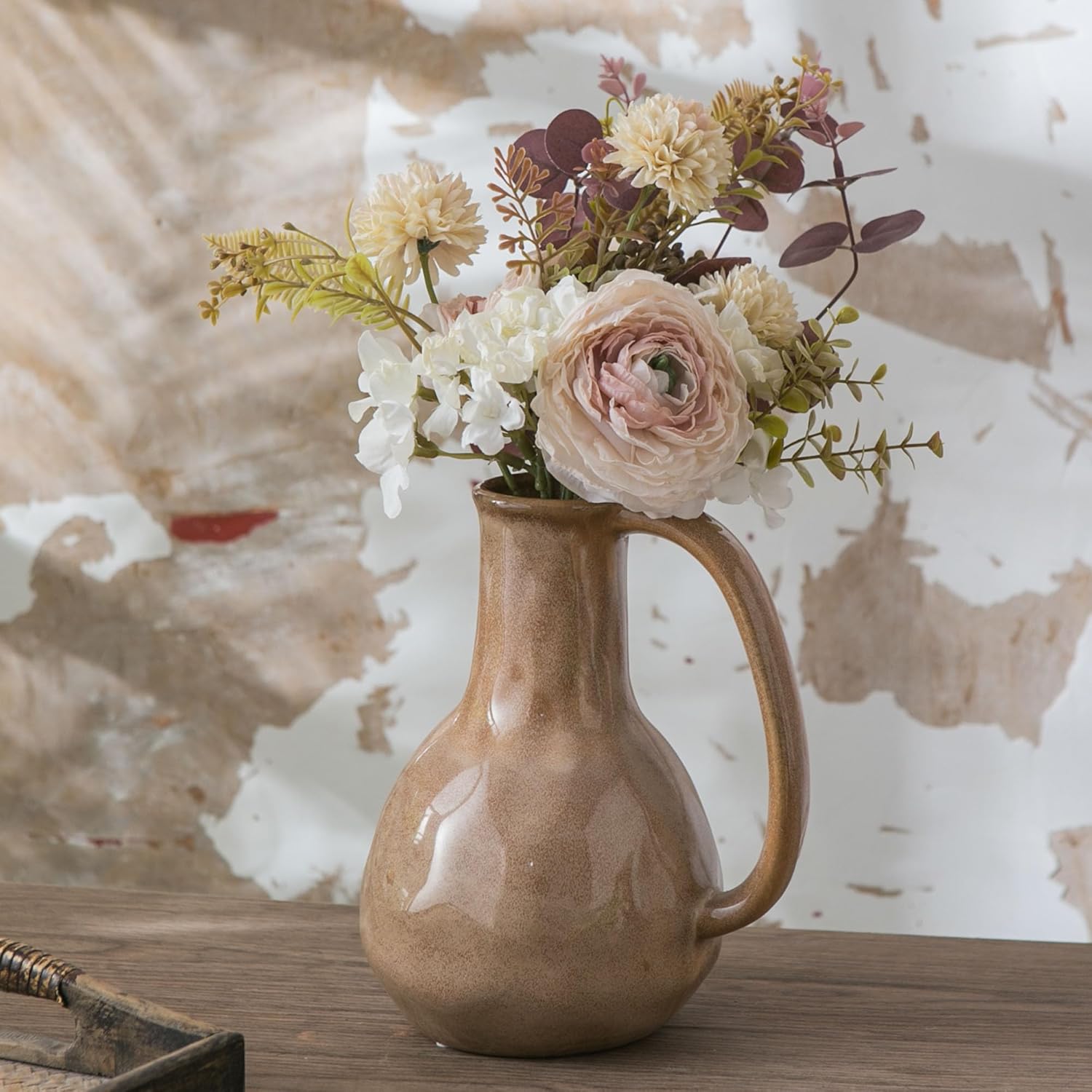 Brown Ceramic Vase with Big Handle for Farmhouse Decor