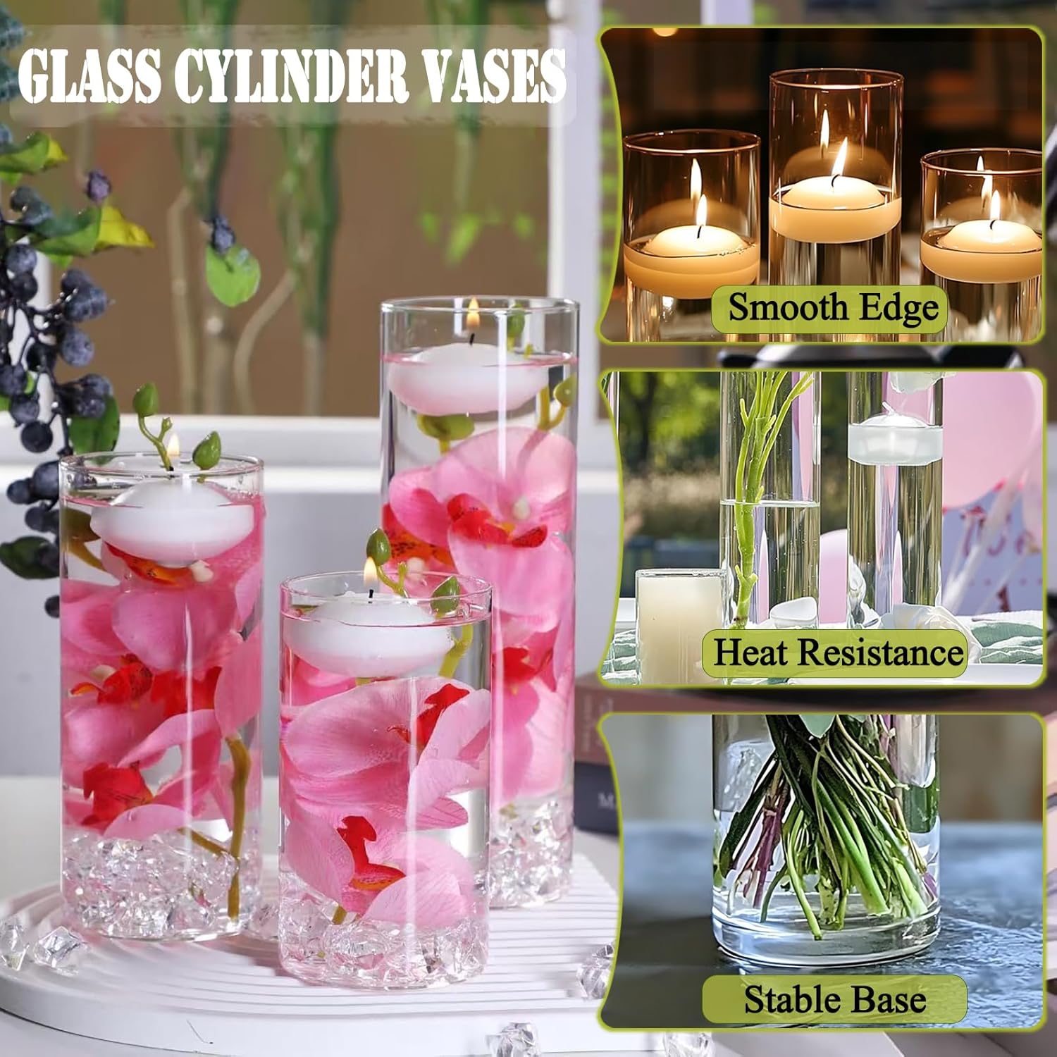 20 White Floating Candles 16 Glass Vases 400 Acrylic Ice Fillers Centerpiece Set