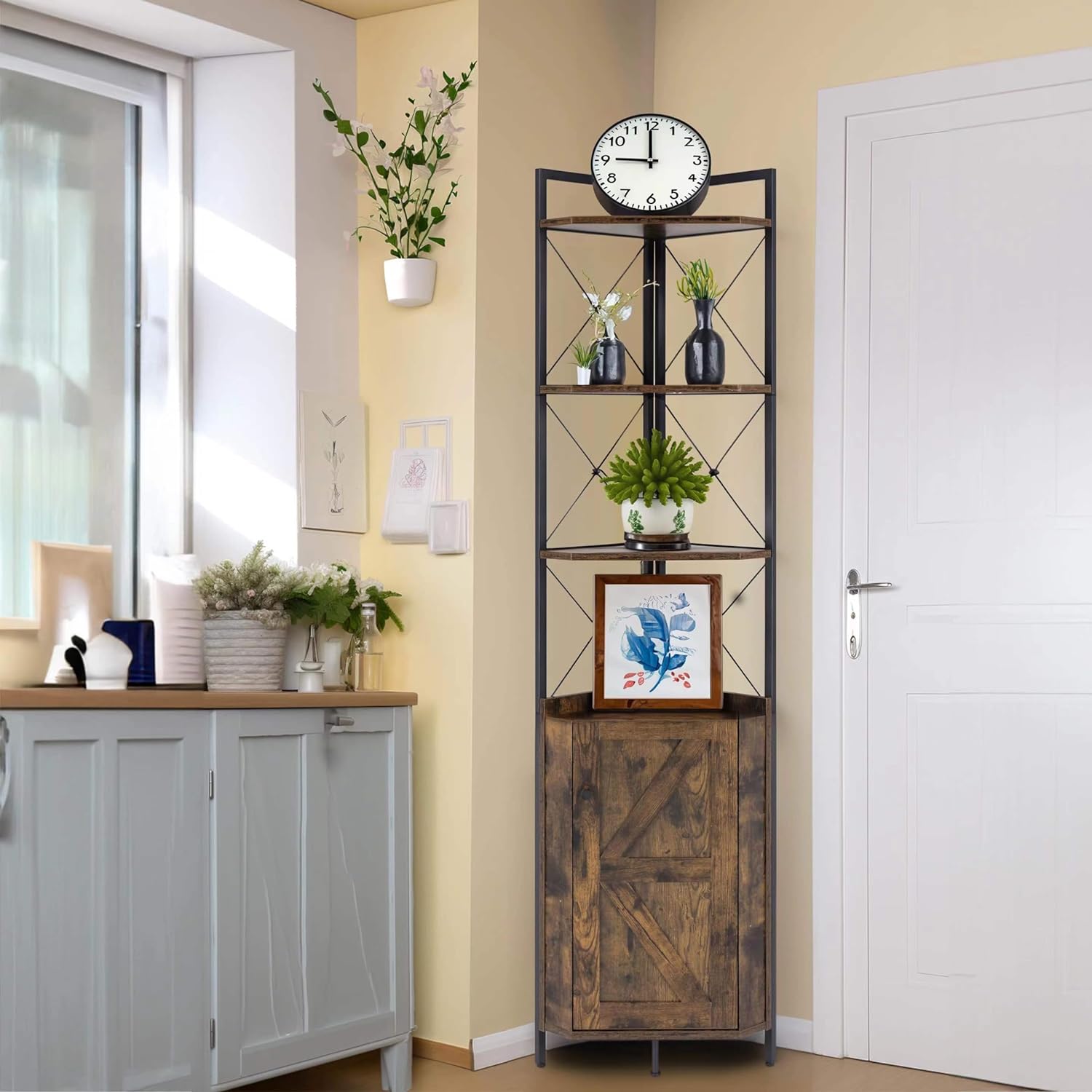 Finnhomy Corner Shelf with Cabinet 71 Inches Rustic Brown