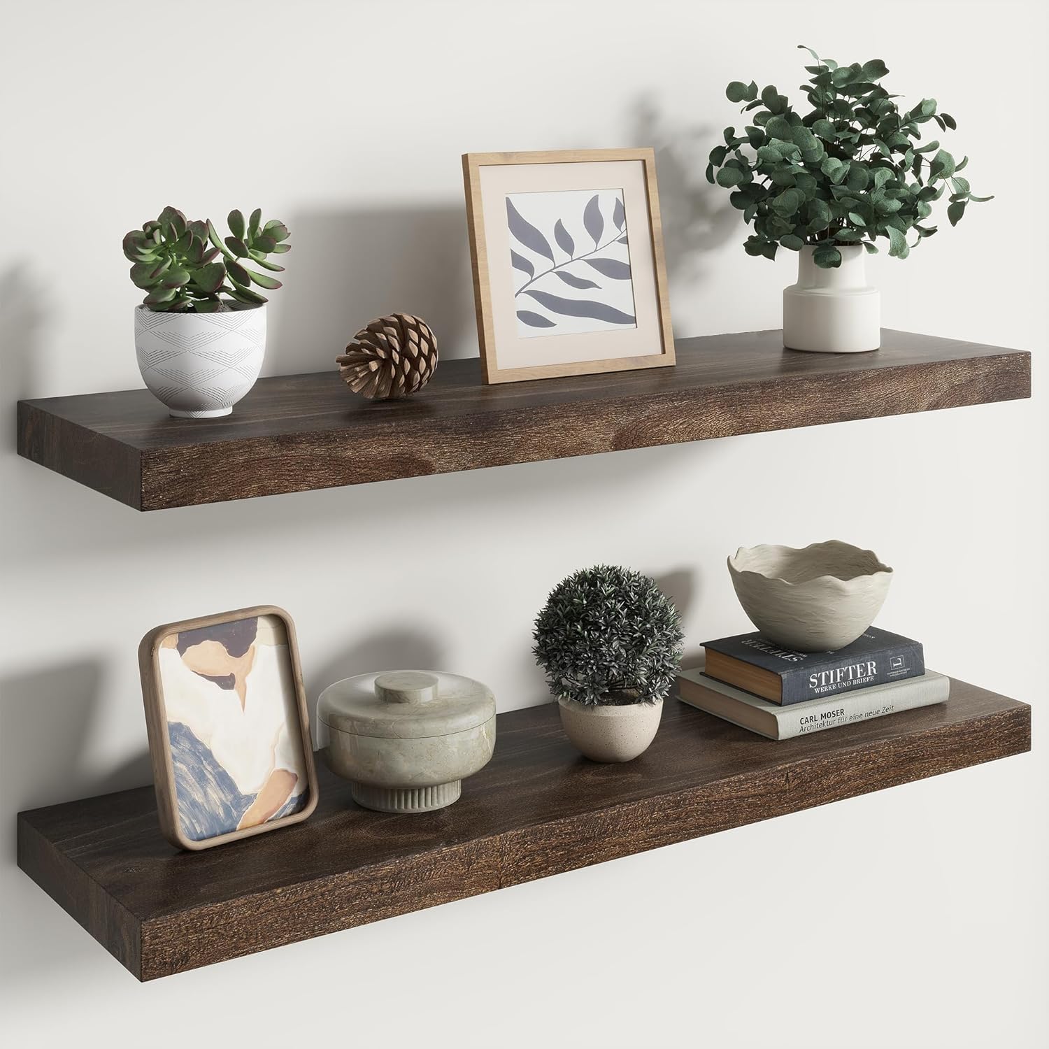 RICHFOCUS Elm Floating Shelves for Wall - Set of 2 Walnut