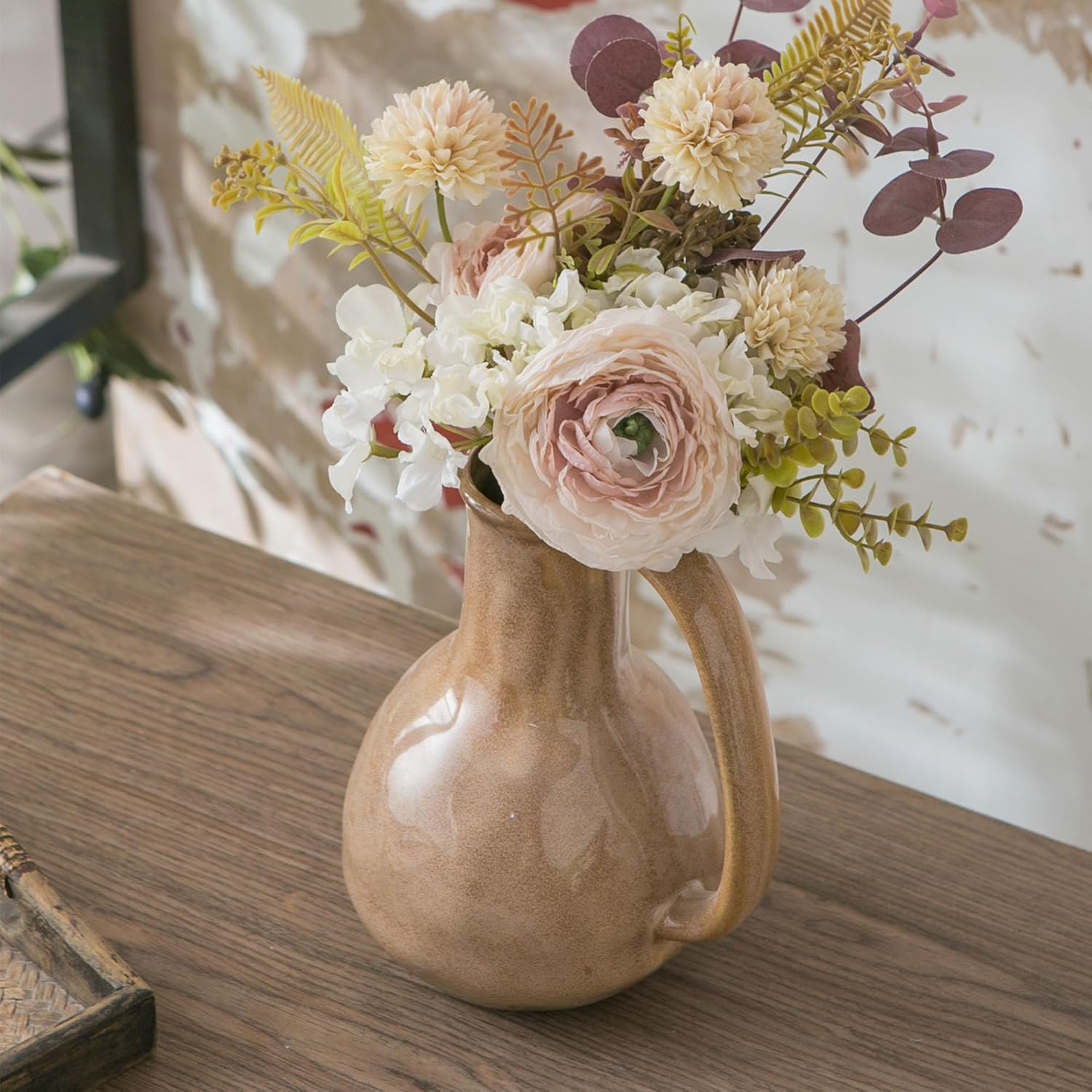 Brown Ceramic Vase with Big Handle for Farmhouse Decor