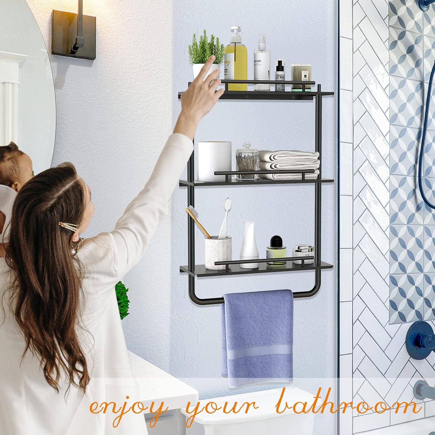 3 Tier Metal Floating Shelves Black with Frame and Towel Rack