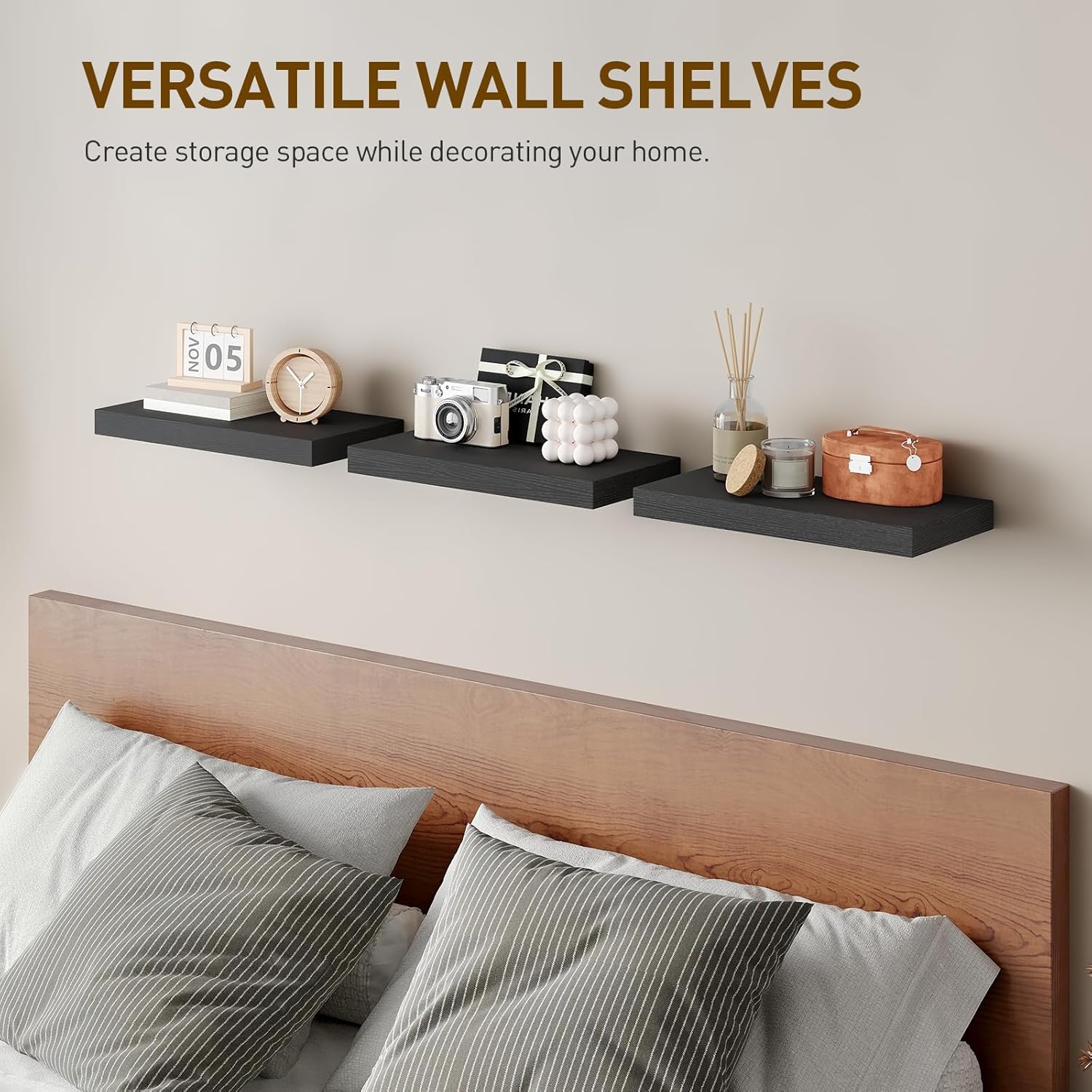 Floating Shelves for Wall 3-Piece Set with Invisible Brackets Black