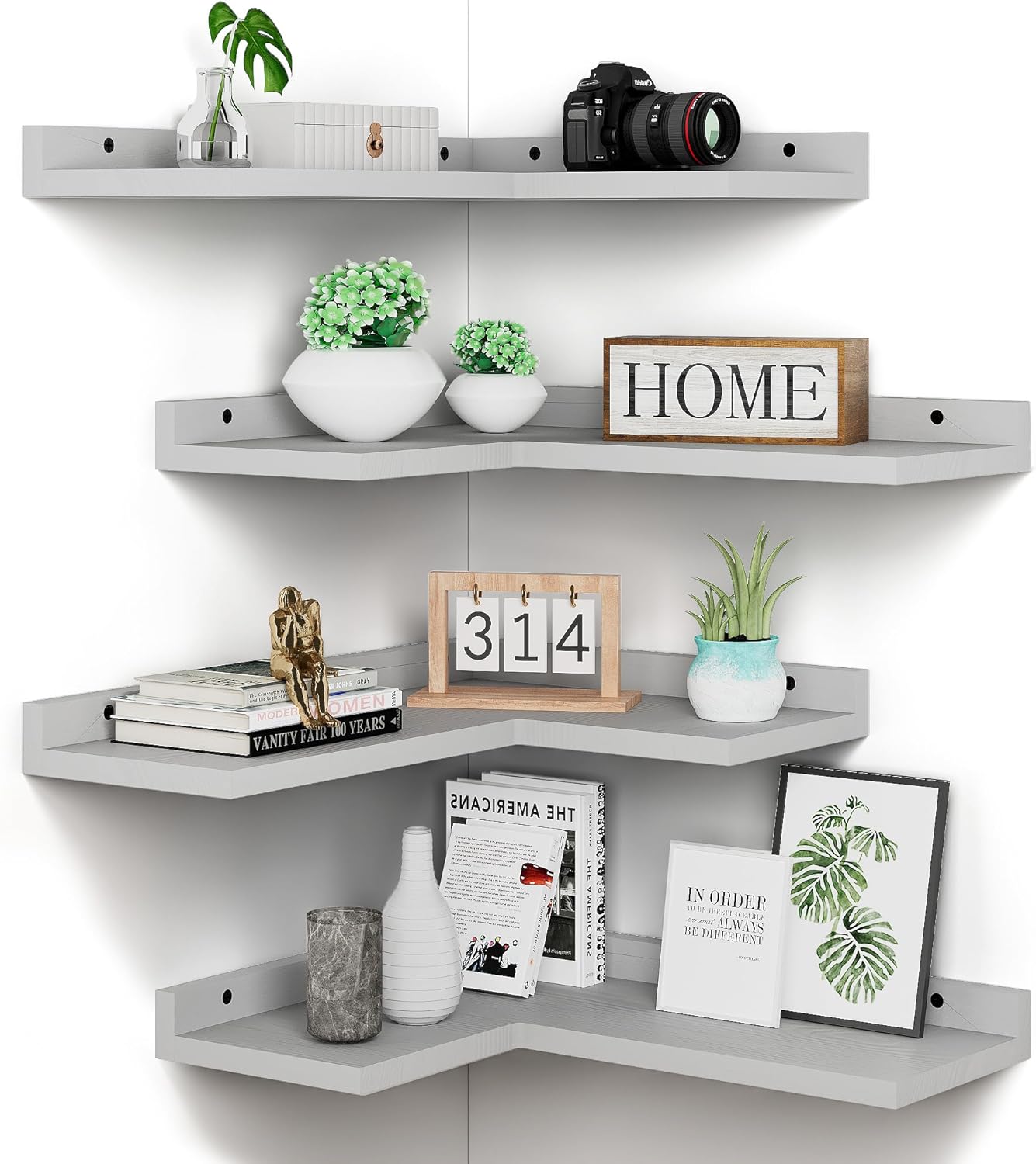 4 Tier Floating Corner Shelves Grey Set of 4