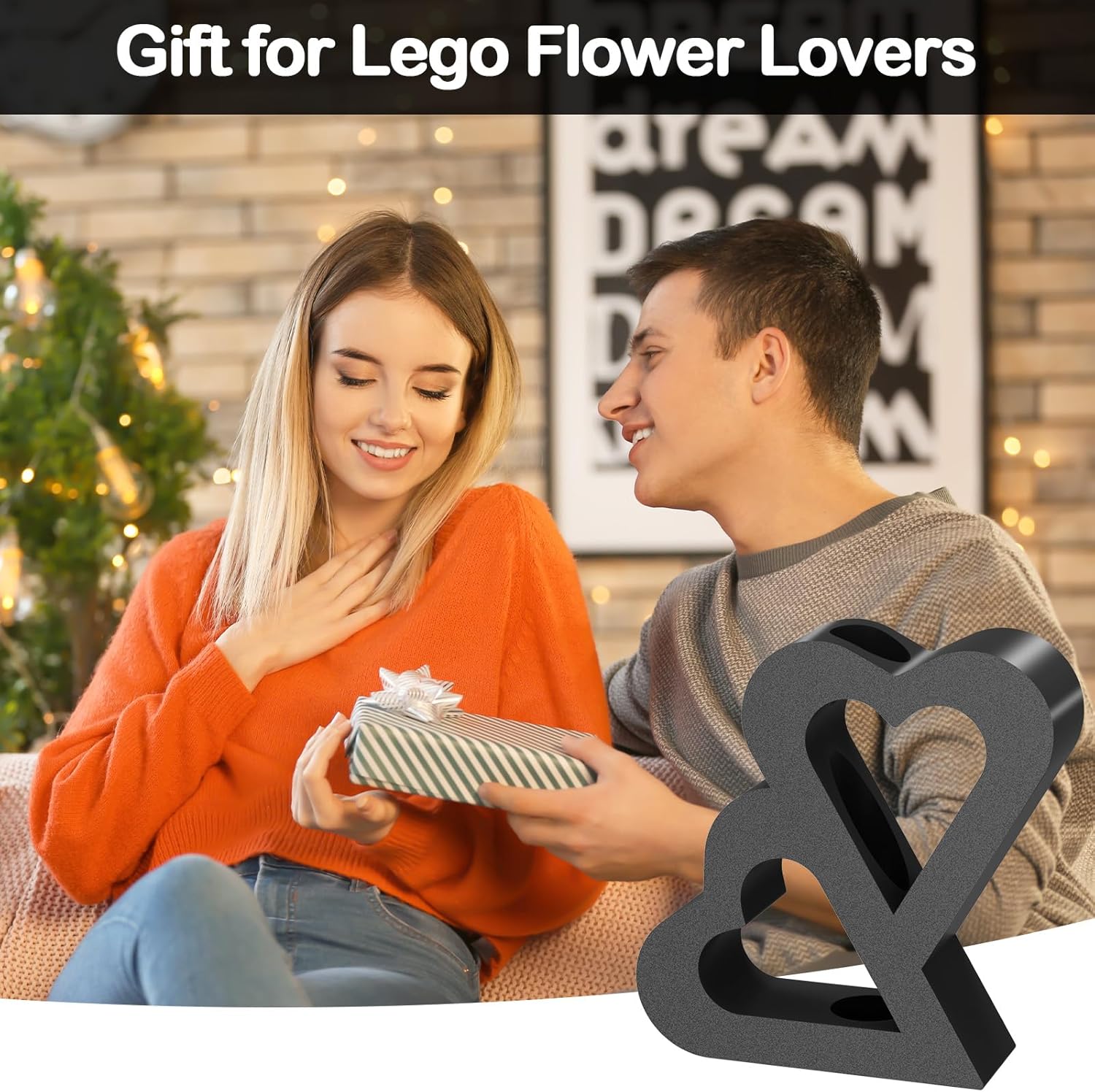 Double Heart Vase for LEGO Flower Building Sets - Black