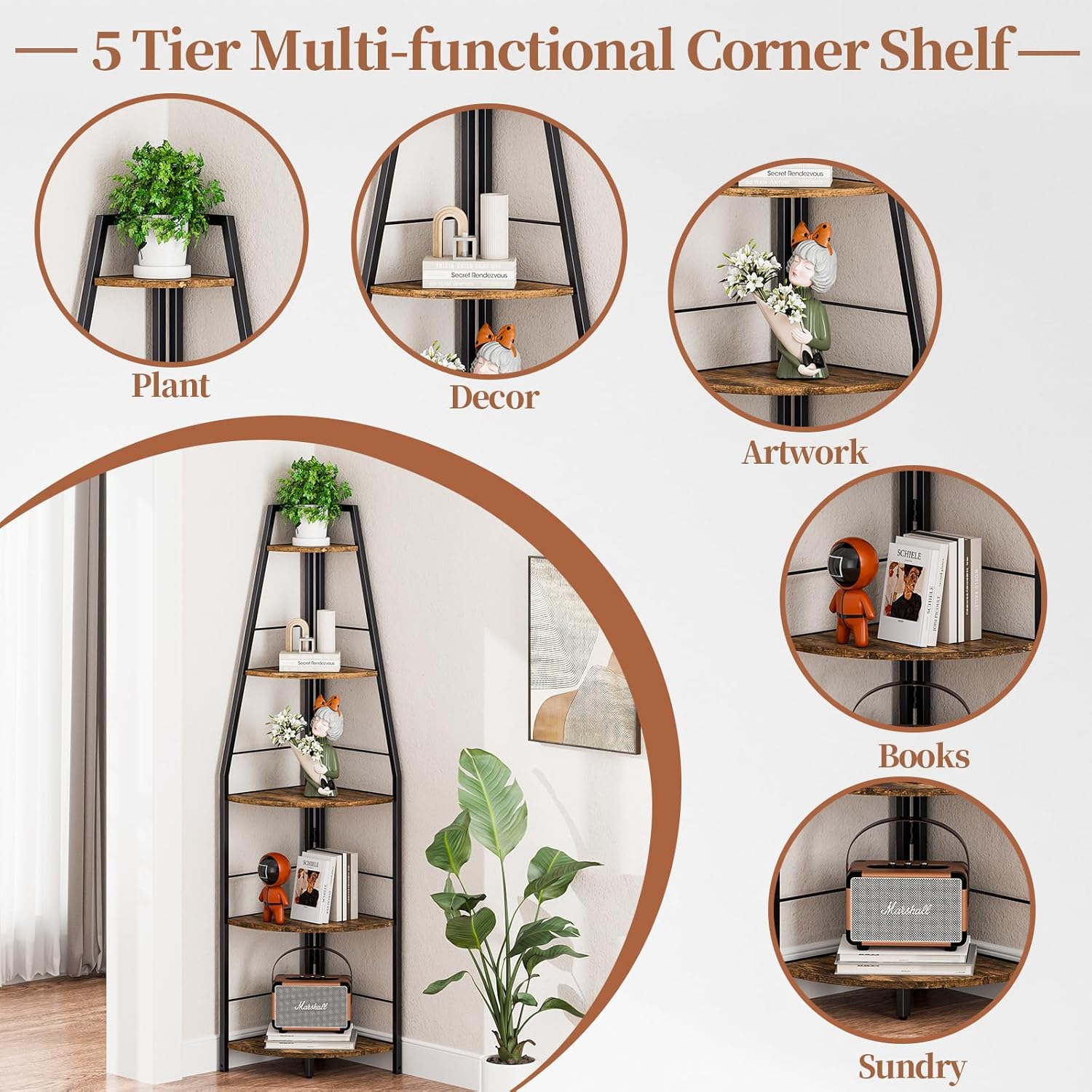 Rustic Brown 5 Tier Corner Ladder Shelf Stand