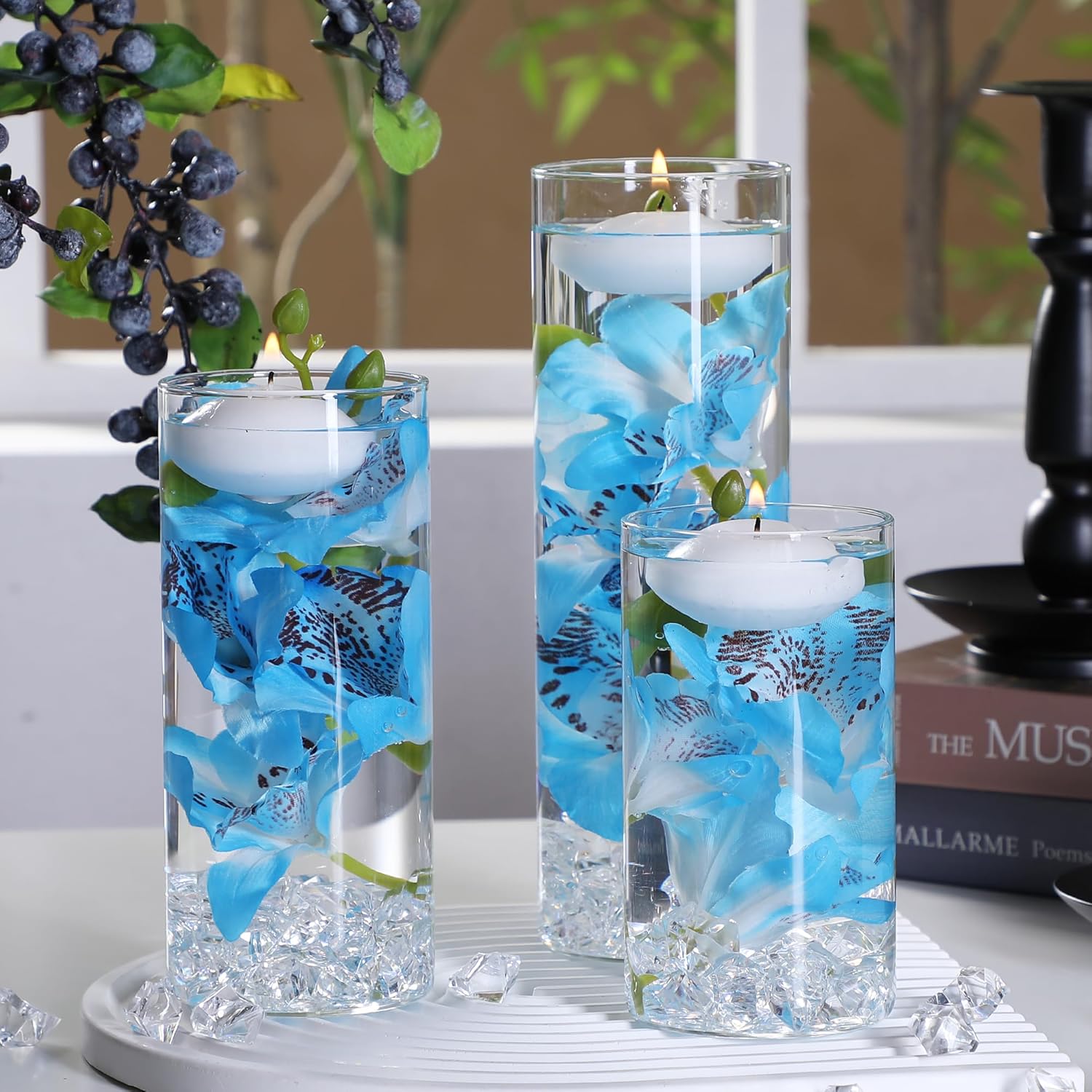 20 White Floating Candles 16 Glass Vases 400 Acrylic Ice Fillers Centerpiece Set