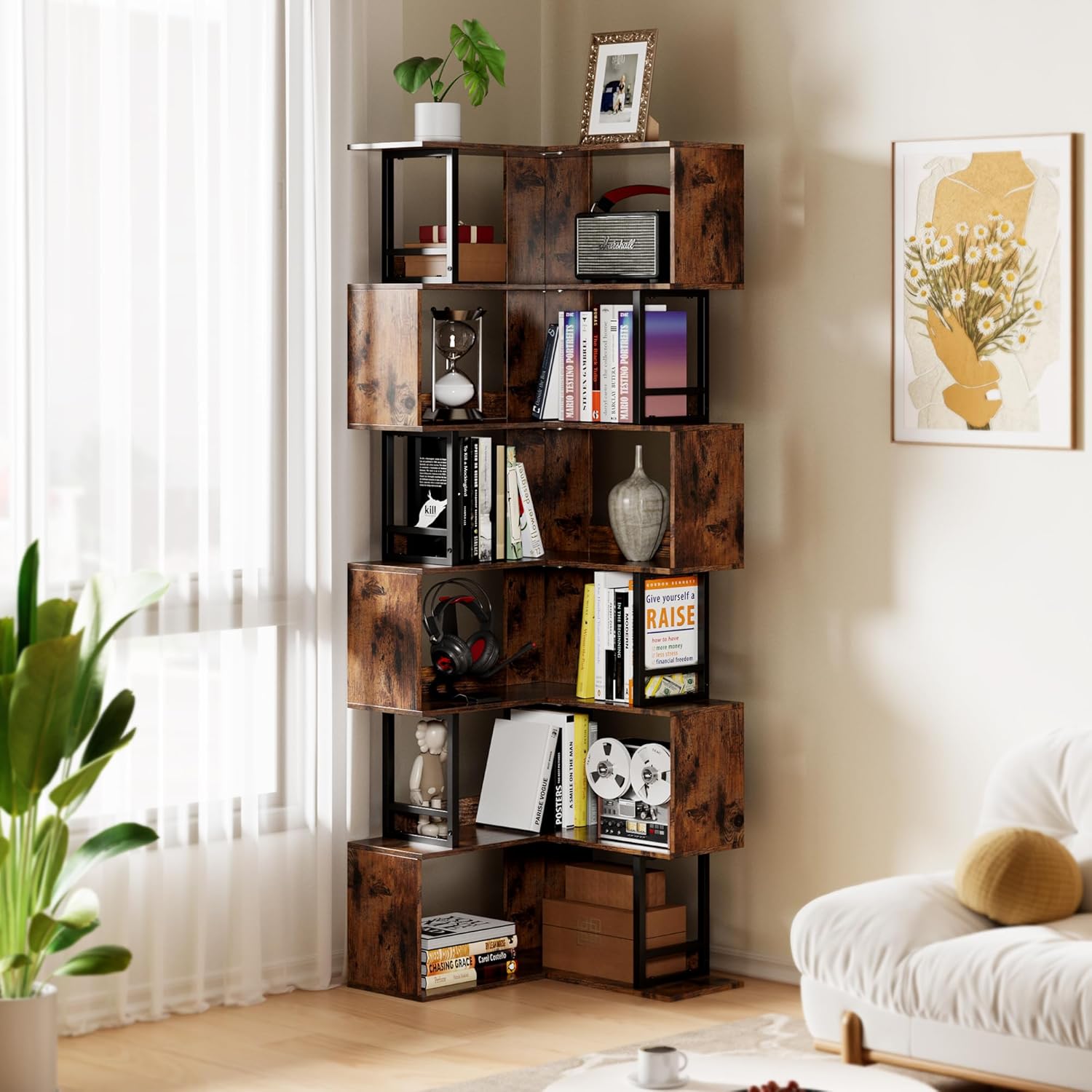 7 Tier Corner Bookshelf - Brown Industrial Style