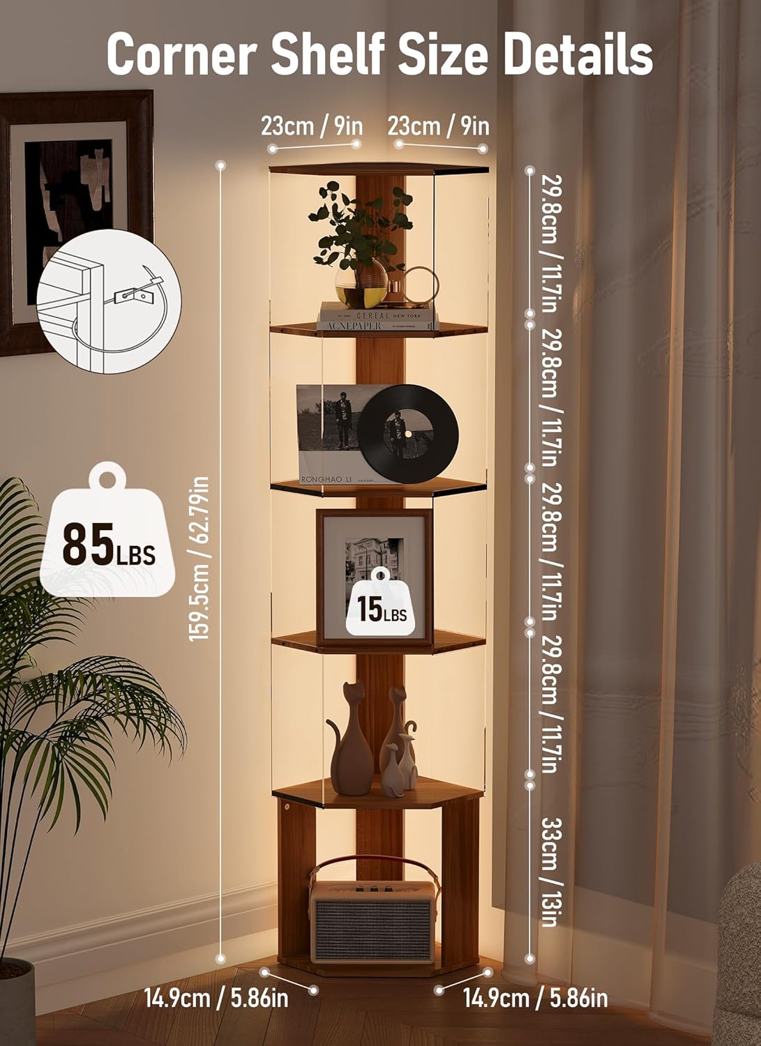6 Tier Corner Shelf with Dimmable LED Light