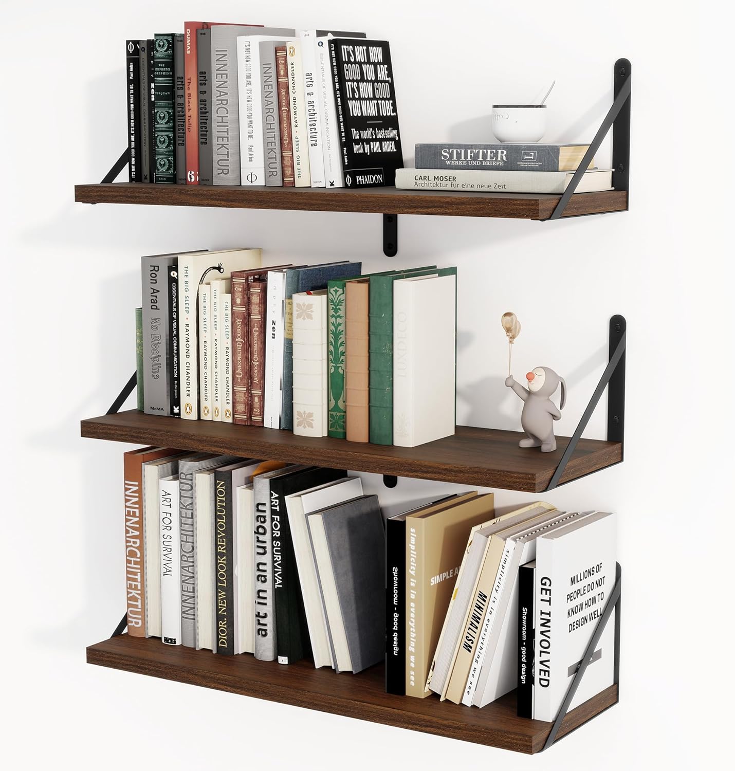 Set of 3 Floating Shelves 24 Inches Deep Walnut