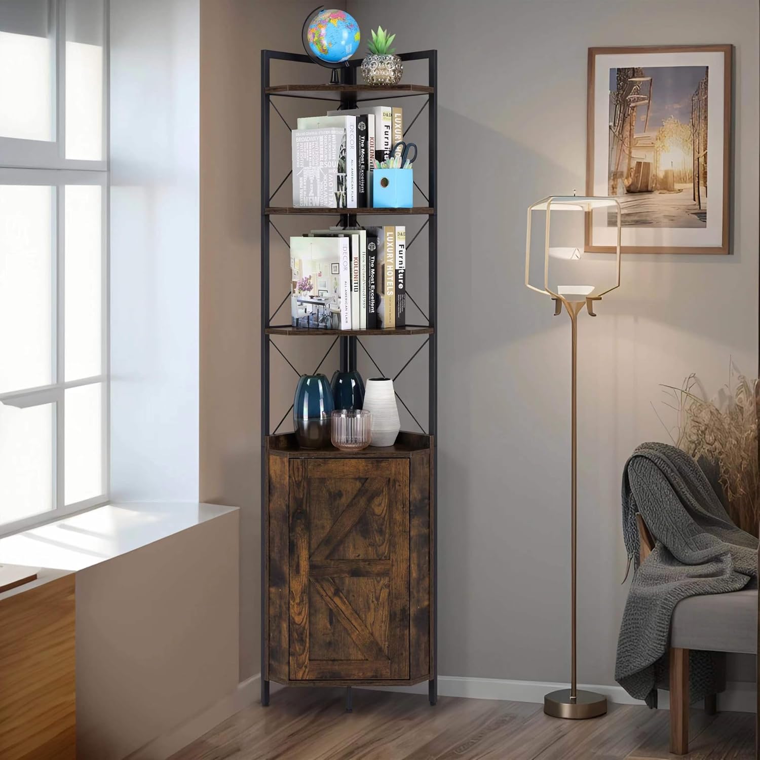 Finnhomy Corner Shelf with Cabinet 71 Inches Rustic Brown