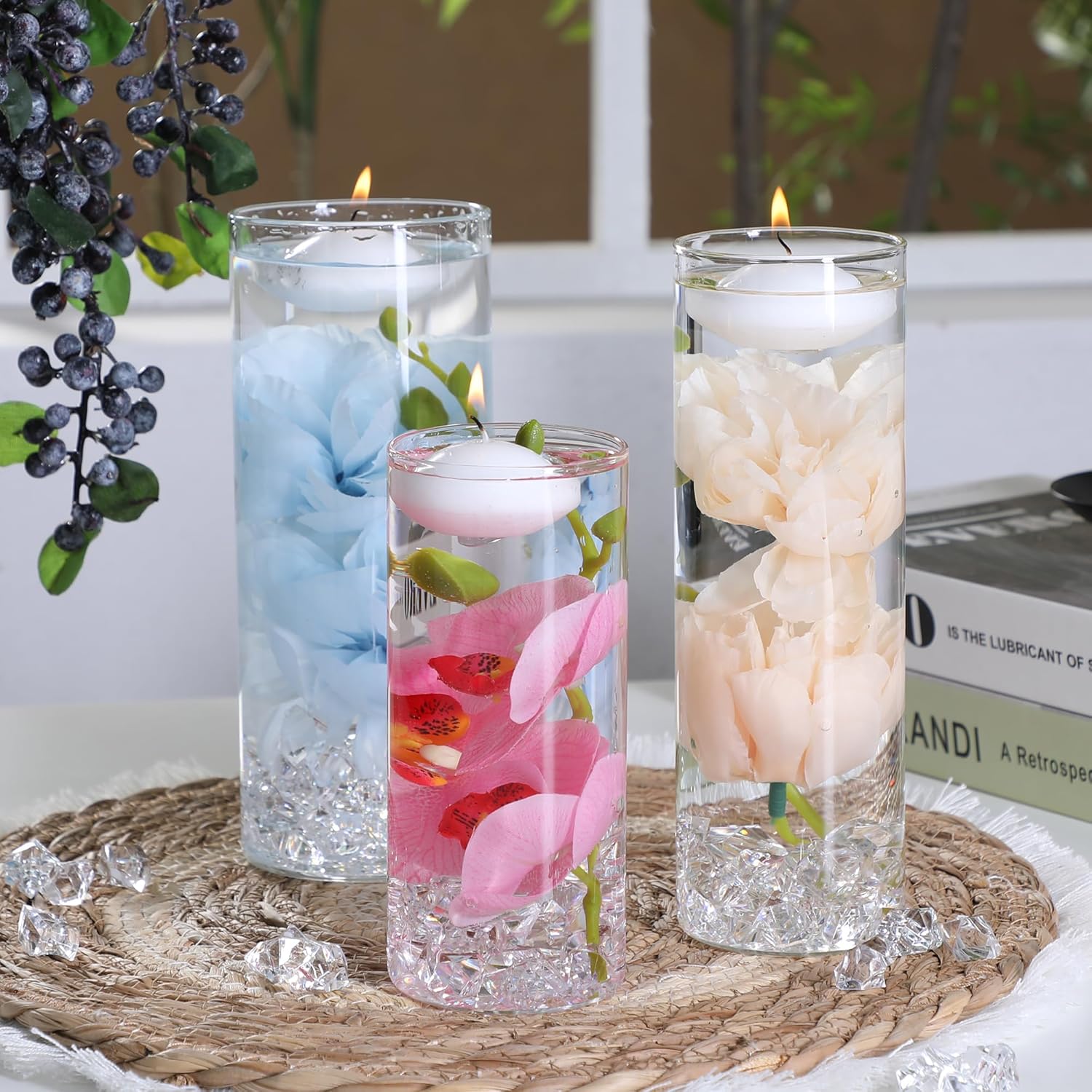 20 White Floating Candles 16 Glass Vases 400 Acrylic Ice Fillers Centerpiece Set