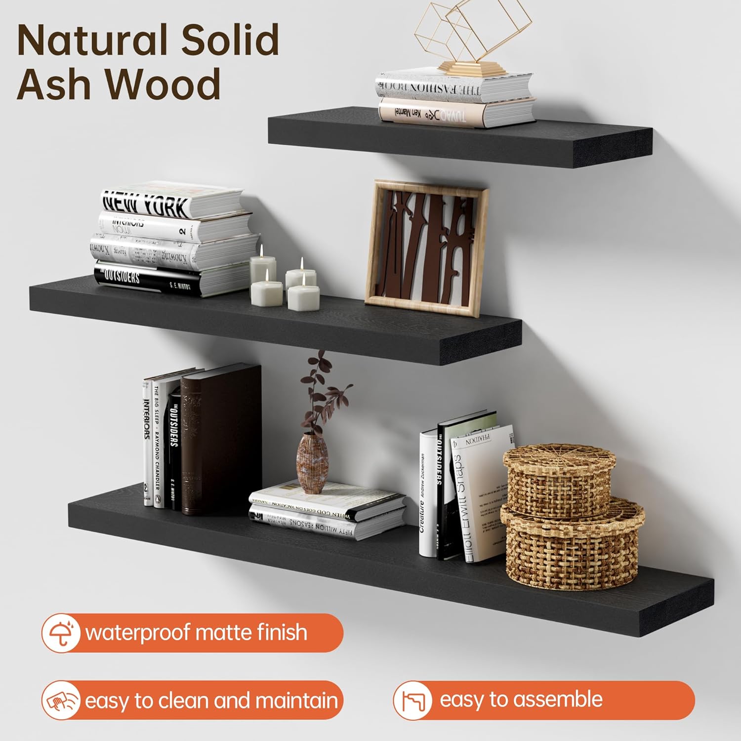 Marsmiles Black Floating Shelves 8 Inch Deep Set of 1