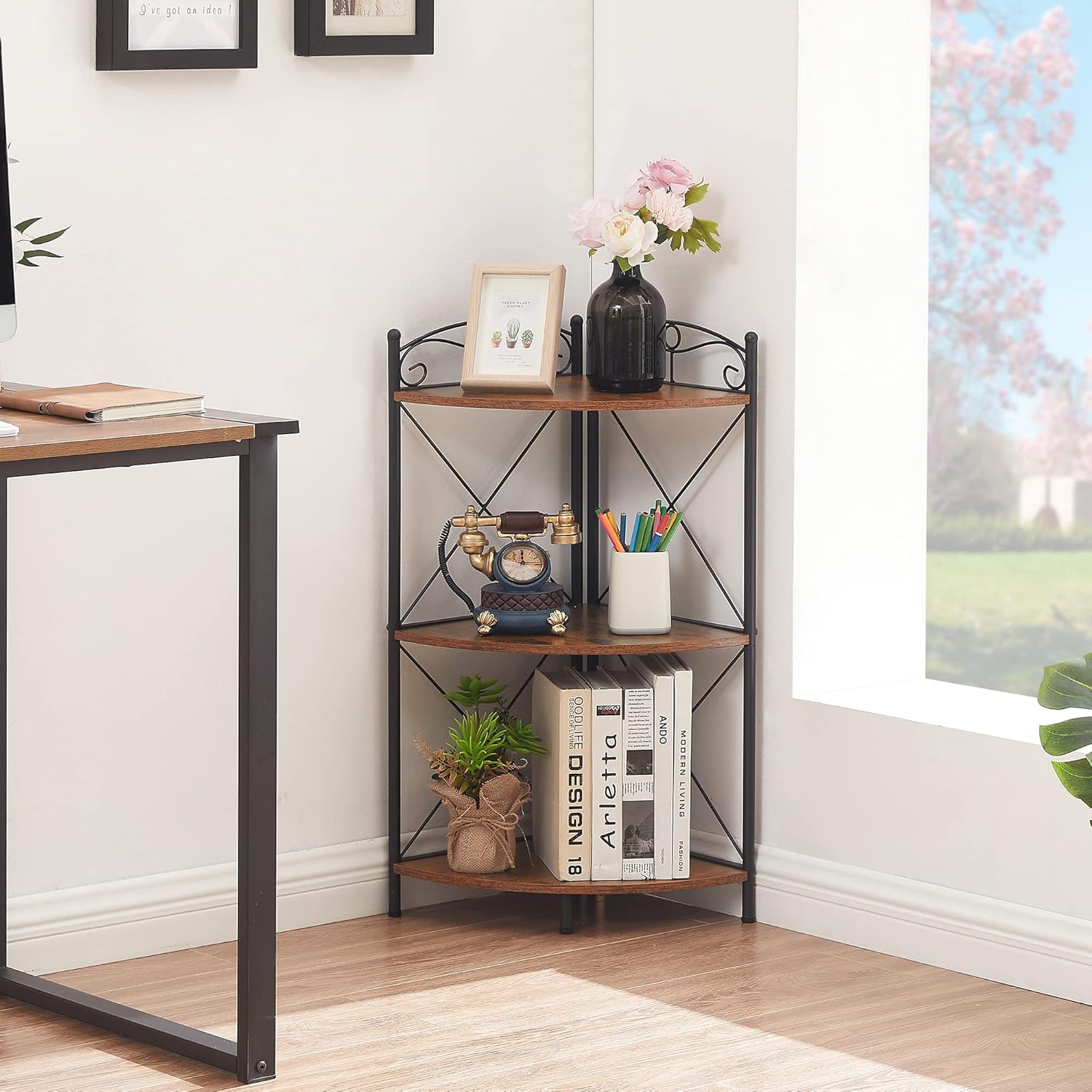 VECELO Corner Table with Storage Shelves