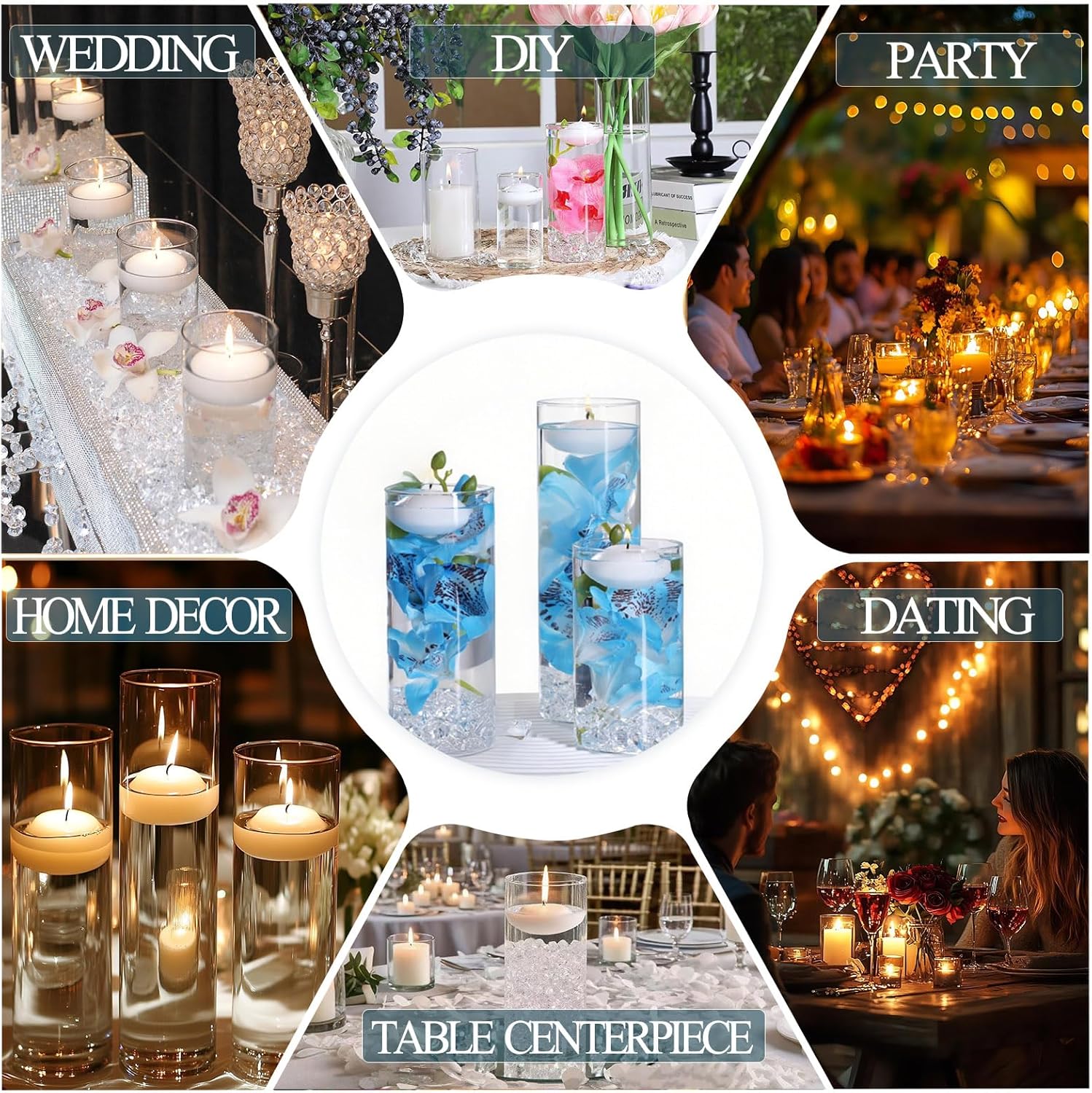 20 White Floating Candles 16 Glass Vases 400 Acrylic Ice Fillers Centerpiece Set